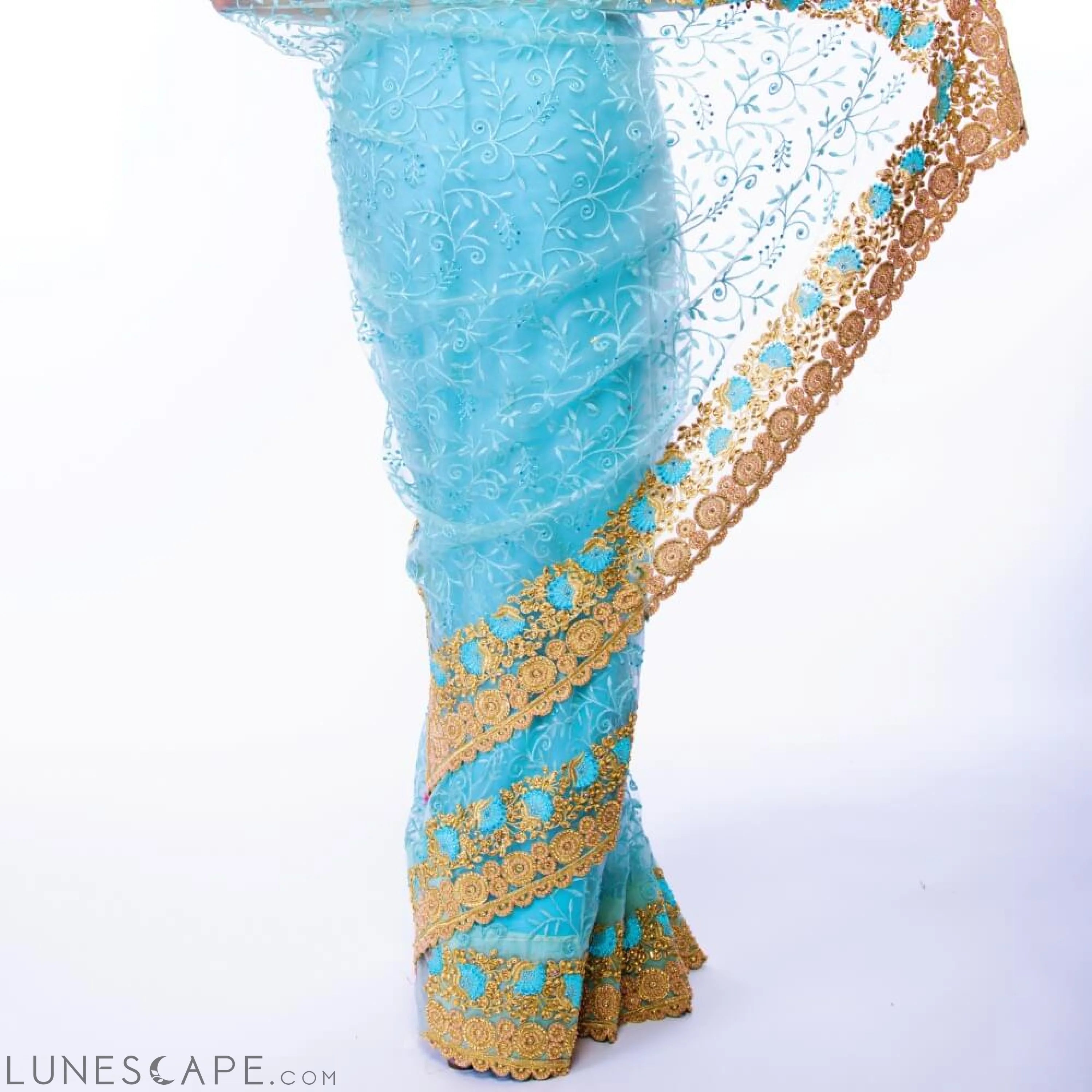 Sea Green Pure Net Saree With Heavy Gold Embroidery LUNESCAPE