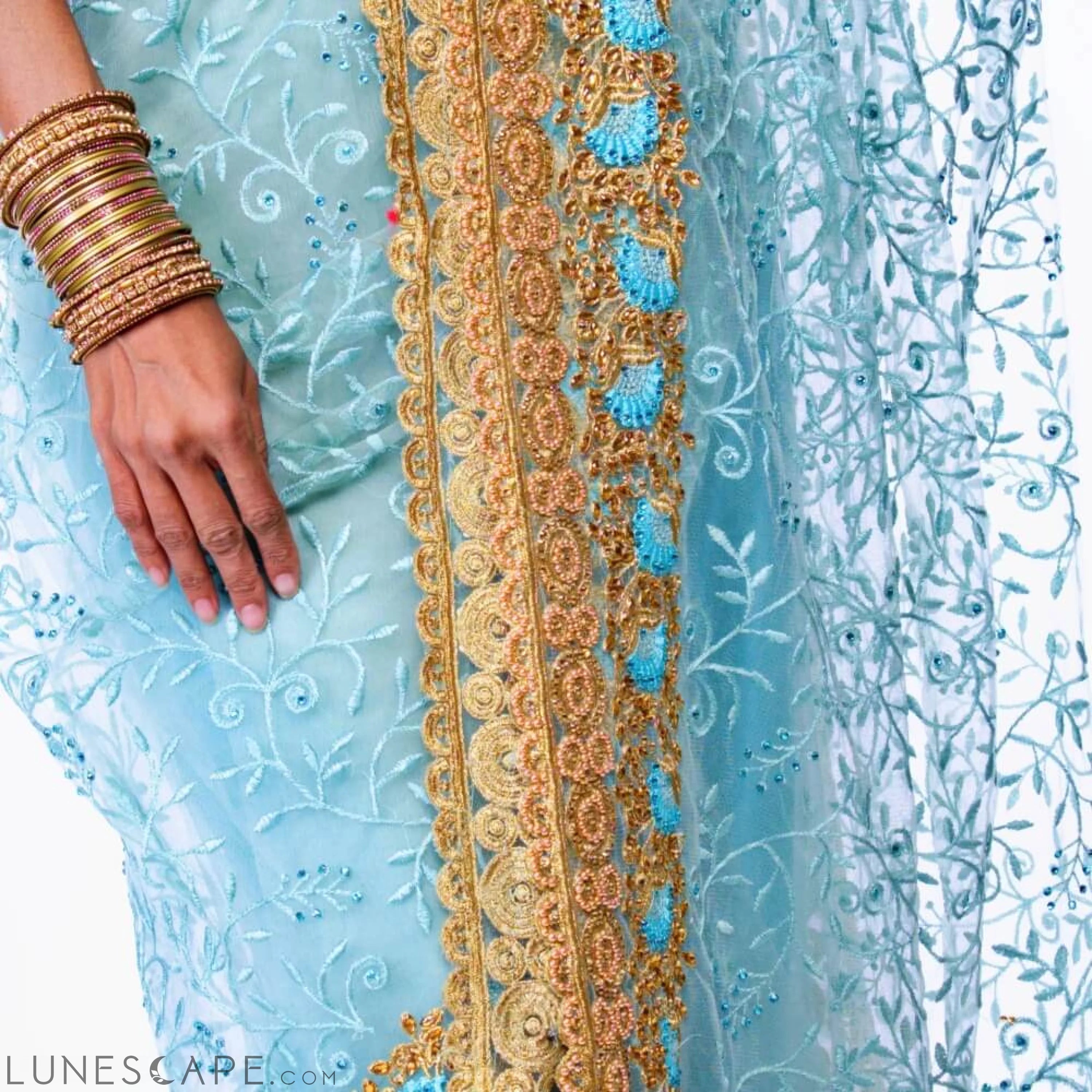 Sea Green Pure Net Saree With Heavy Gold Embroidery LUNESCAPE