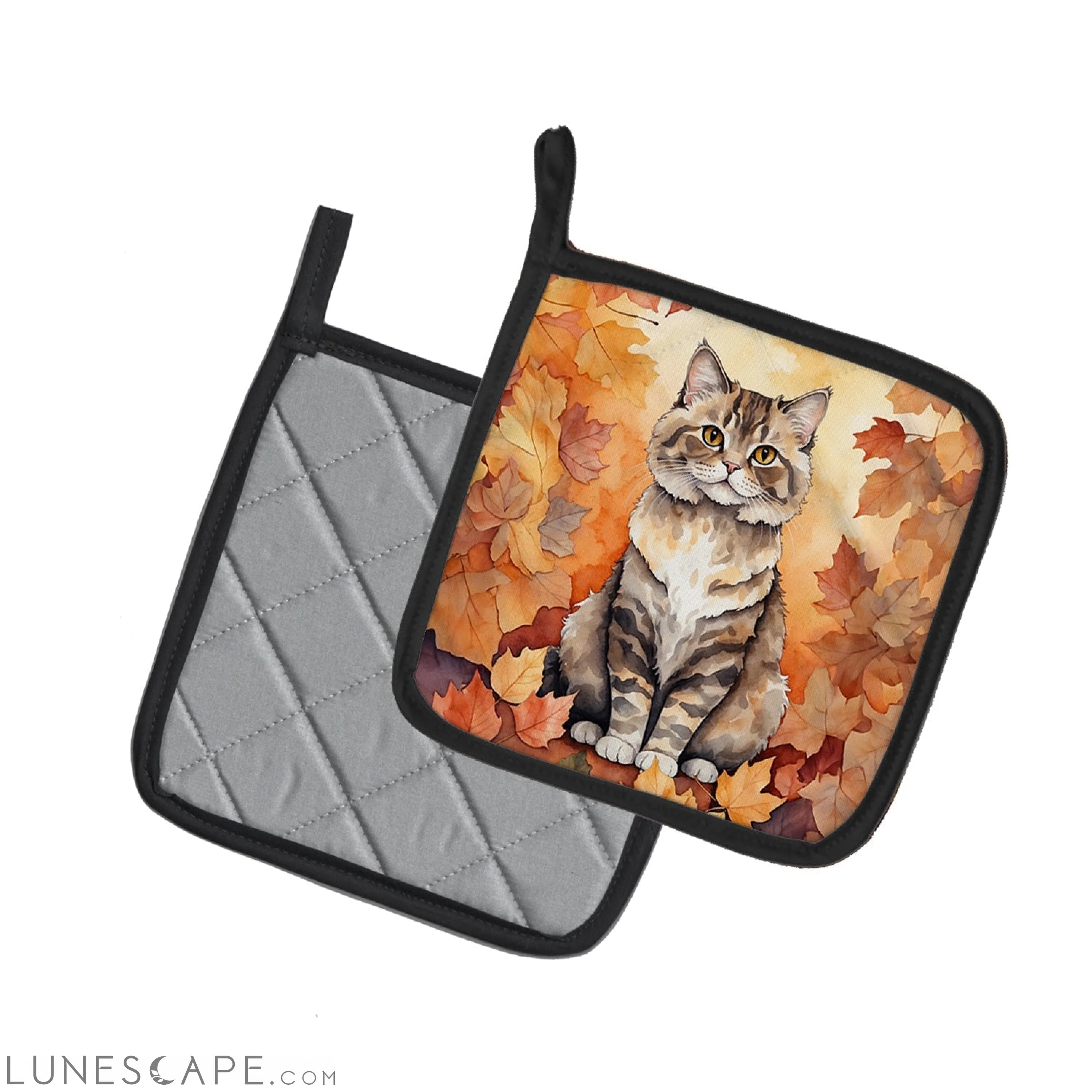 Selkirk Rex Cat in Fall Leaves Pair of Pot Holders LUNESCAPE