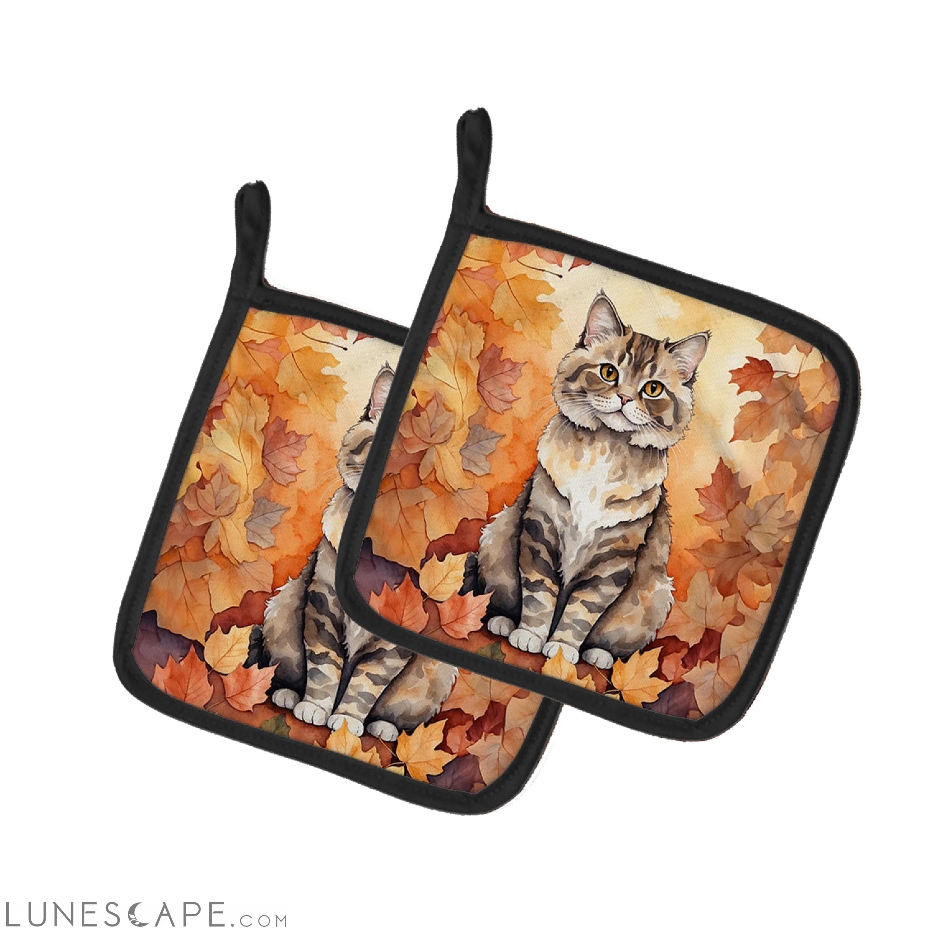 Selkirk Rex Cat in Fall Leaves Pair of Pot Holders LUNESCAPE