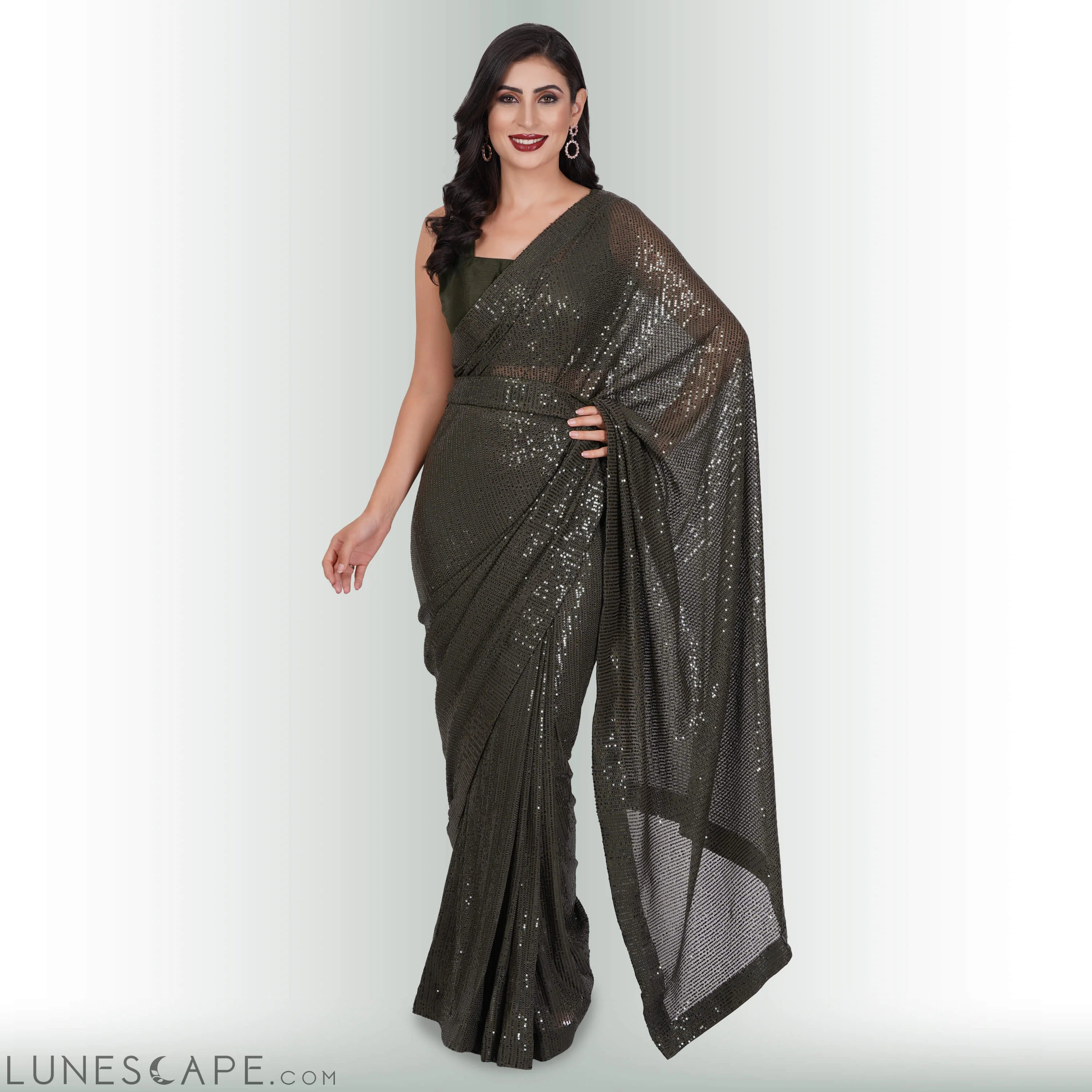 Sequin ReadyMade Saree - Moss LUNESCAPE