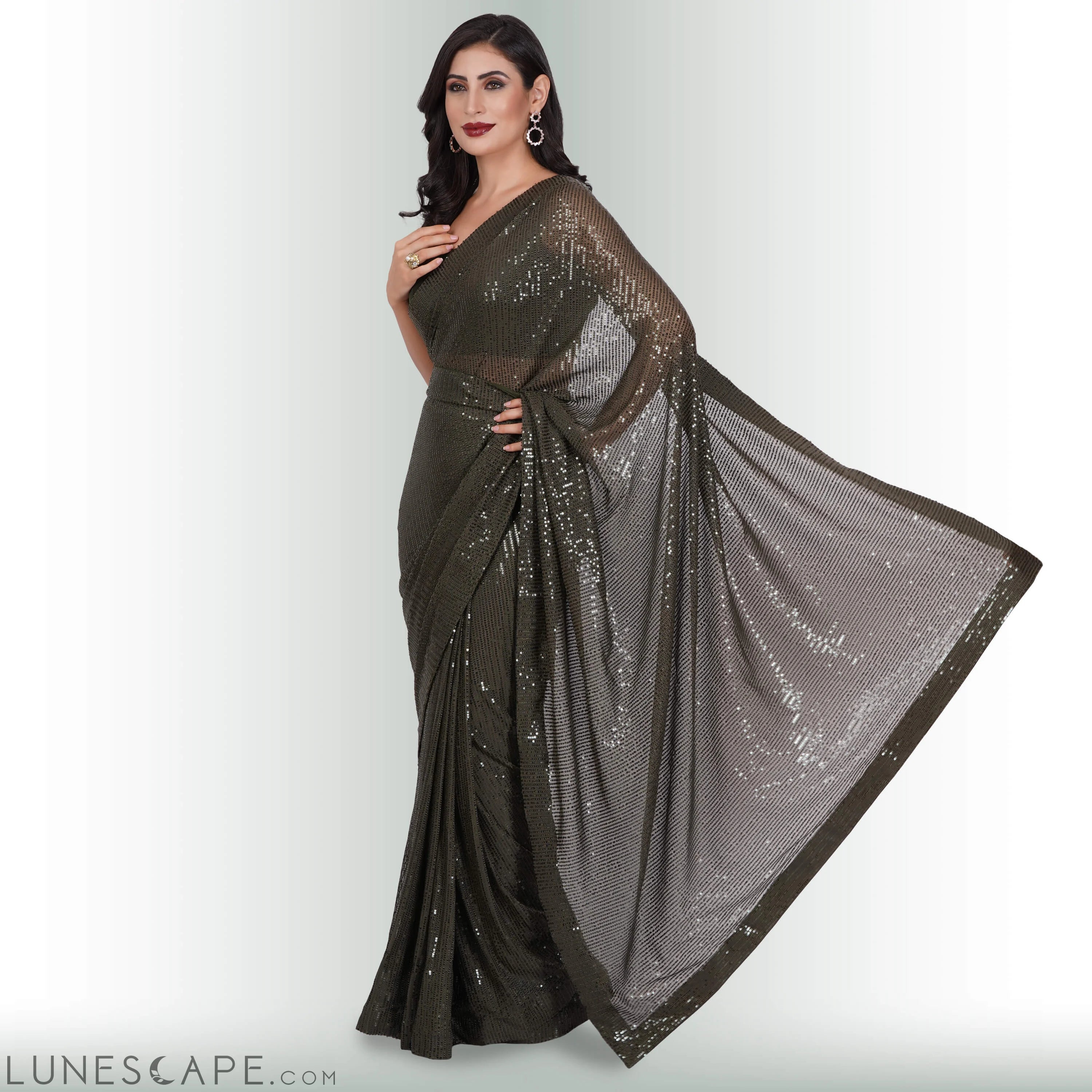 Sequin ReadyMade Saree - Moss LUNESCAPE