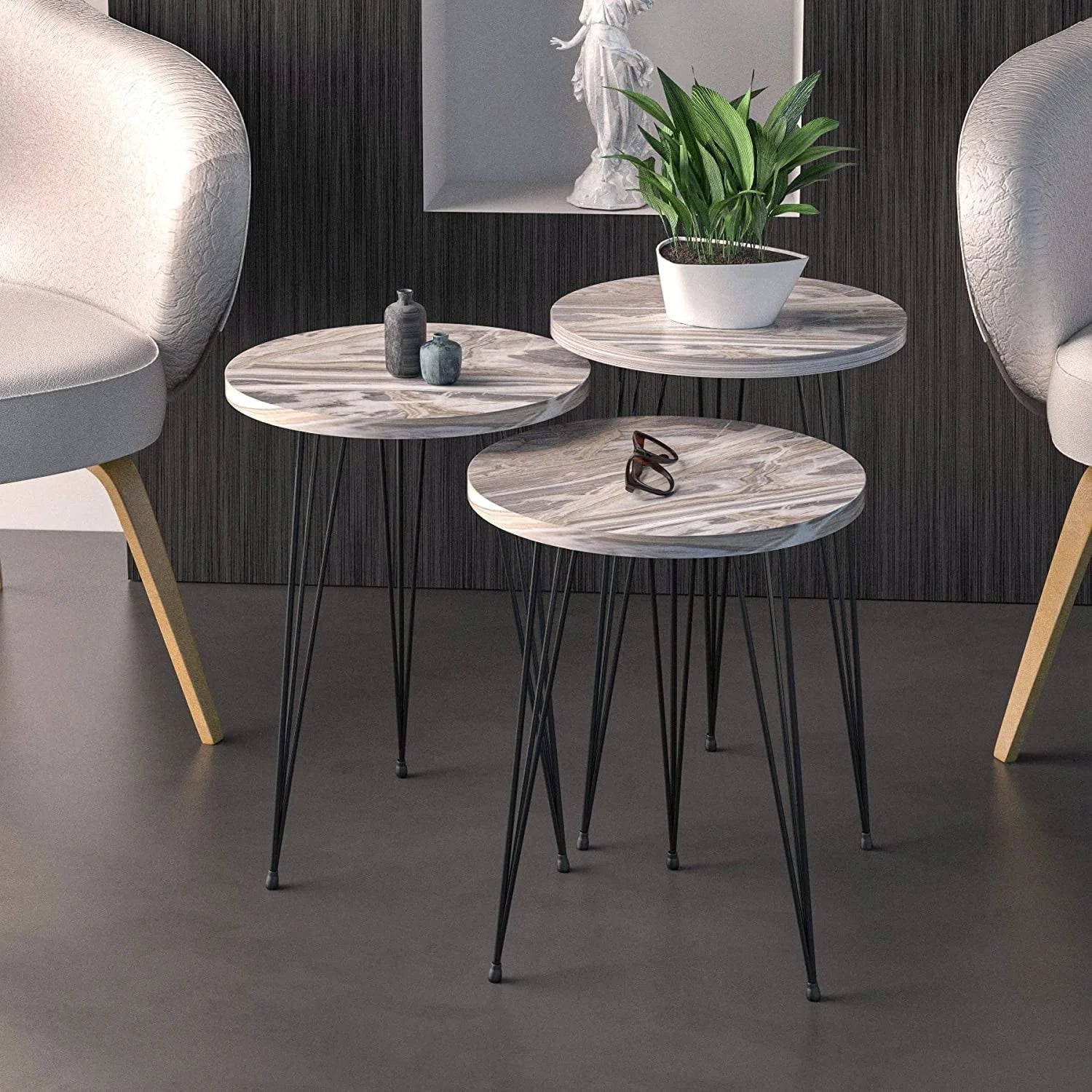 Set of 3 Grey Marble Nesting Tables LUNESCAPE