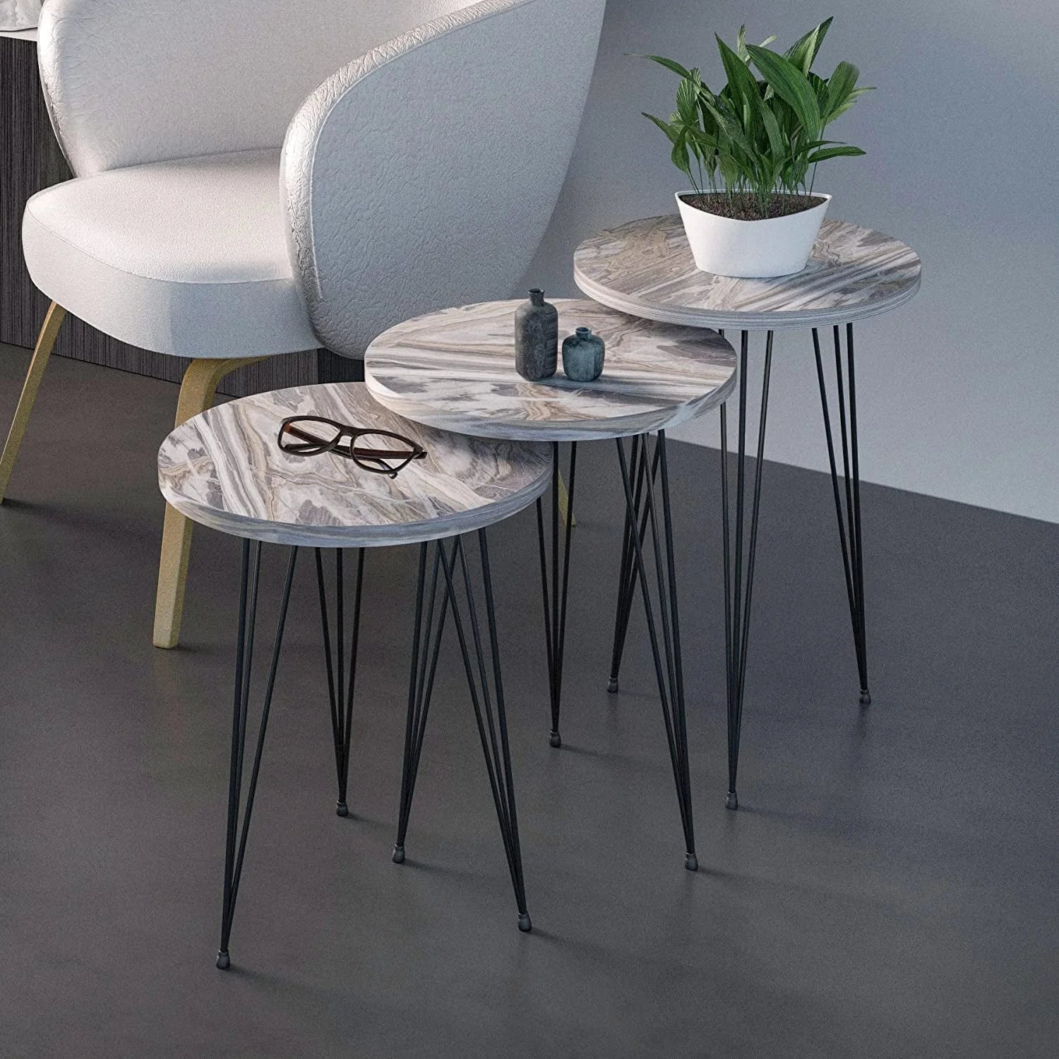 Set of 3 Grey Marble Nesting Tables LUNESCAPE