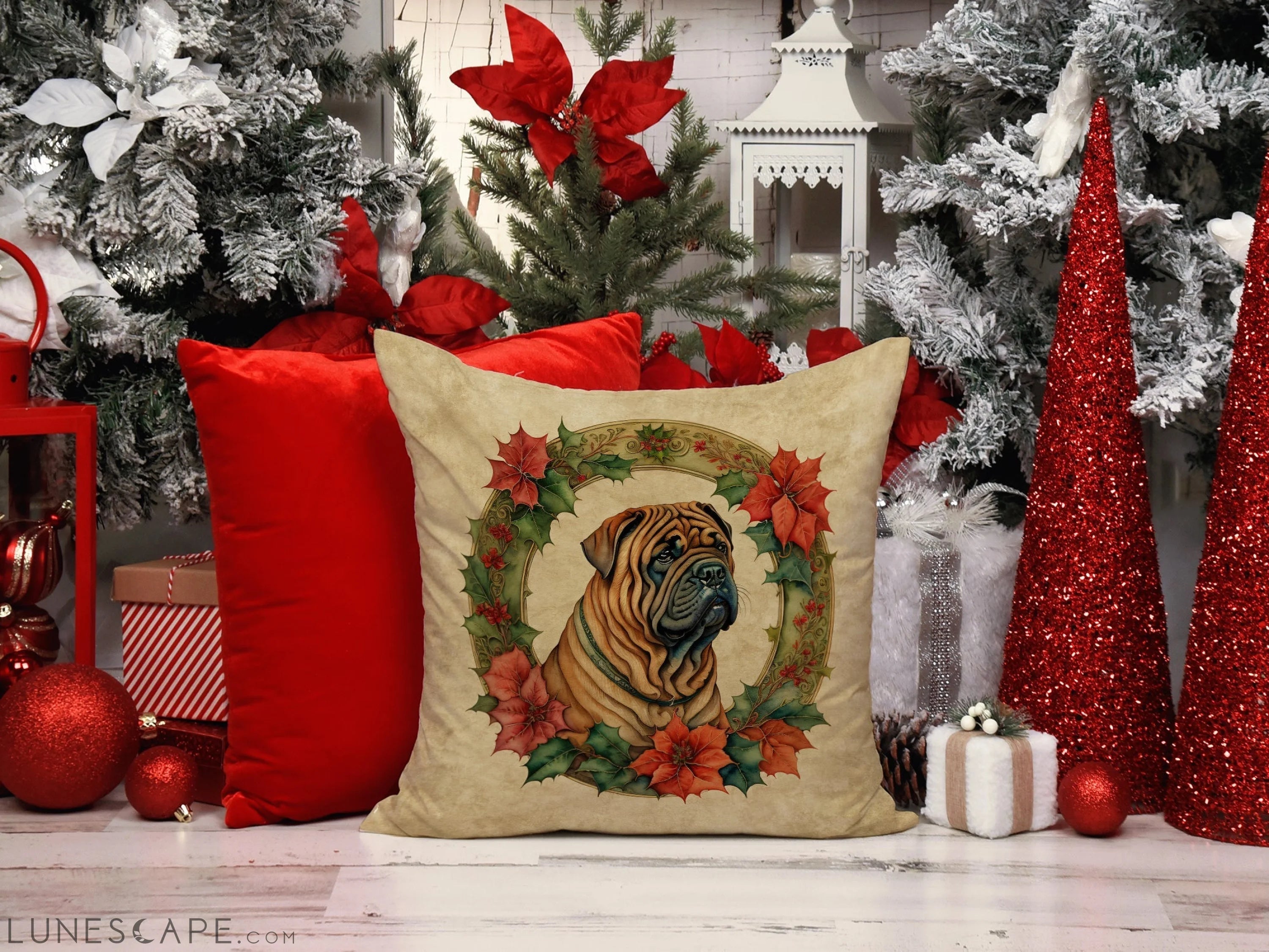 Shar Pei Christmas Flowers Throw Pillow LUNESCAPE