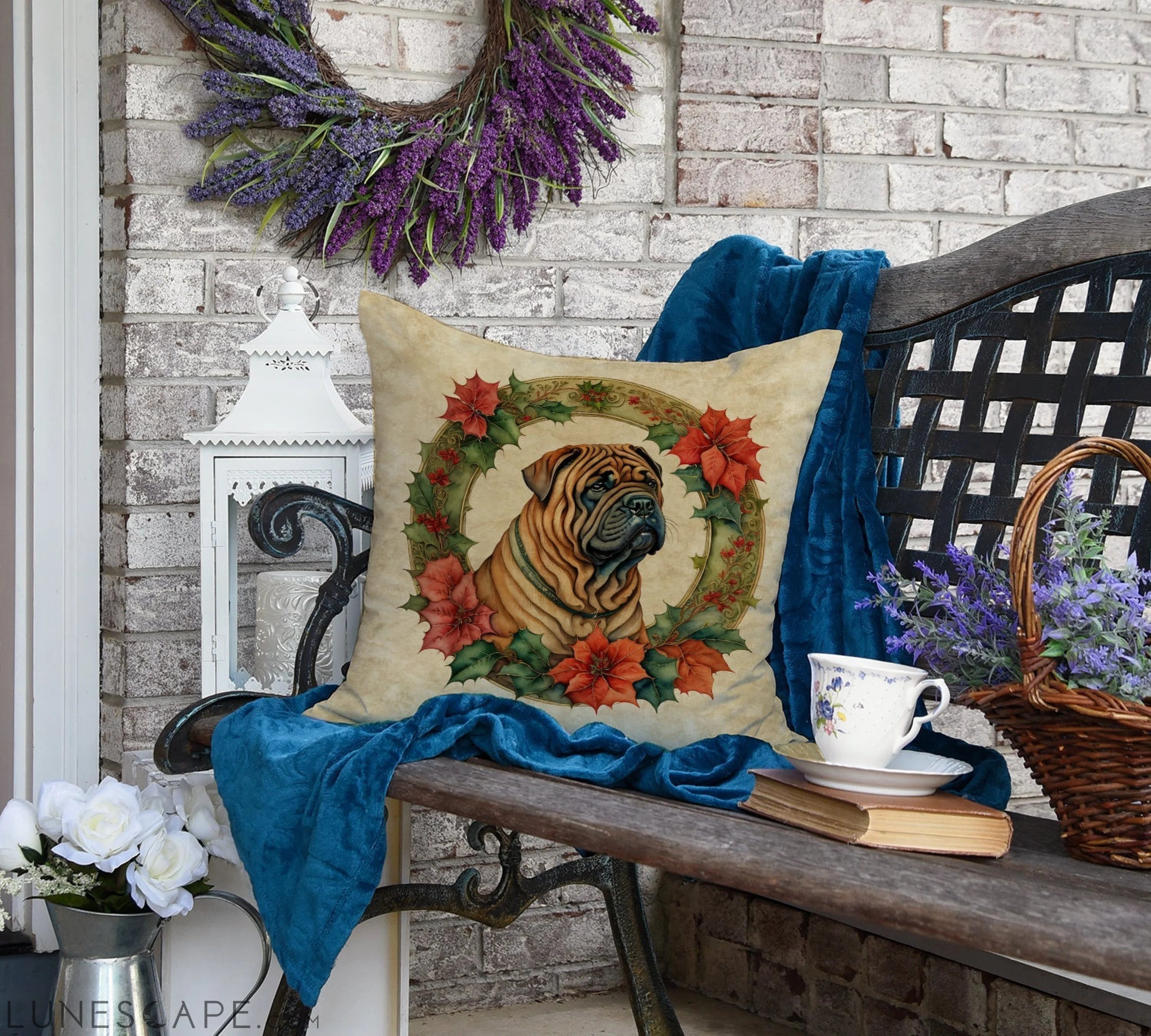 Shar Pei Christmas Flowers Throw Pillow LUNESCAPE