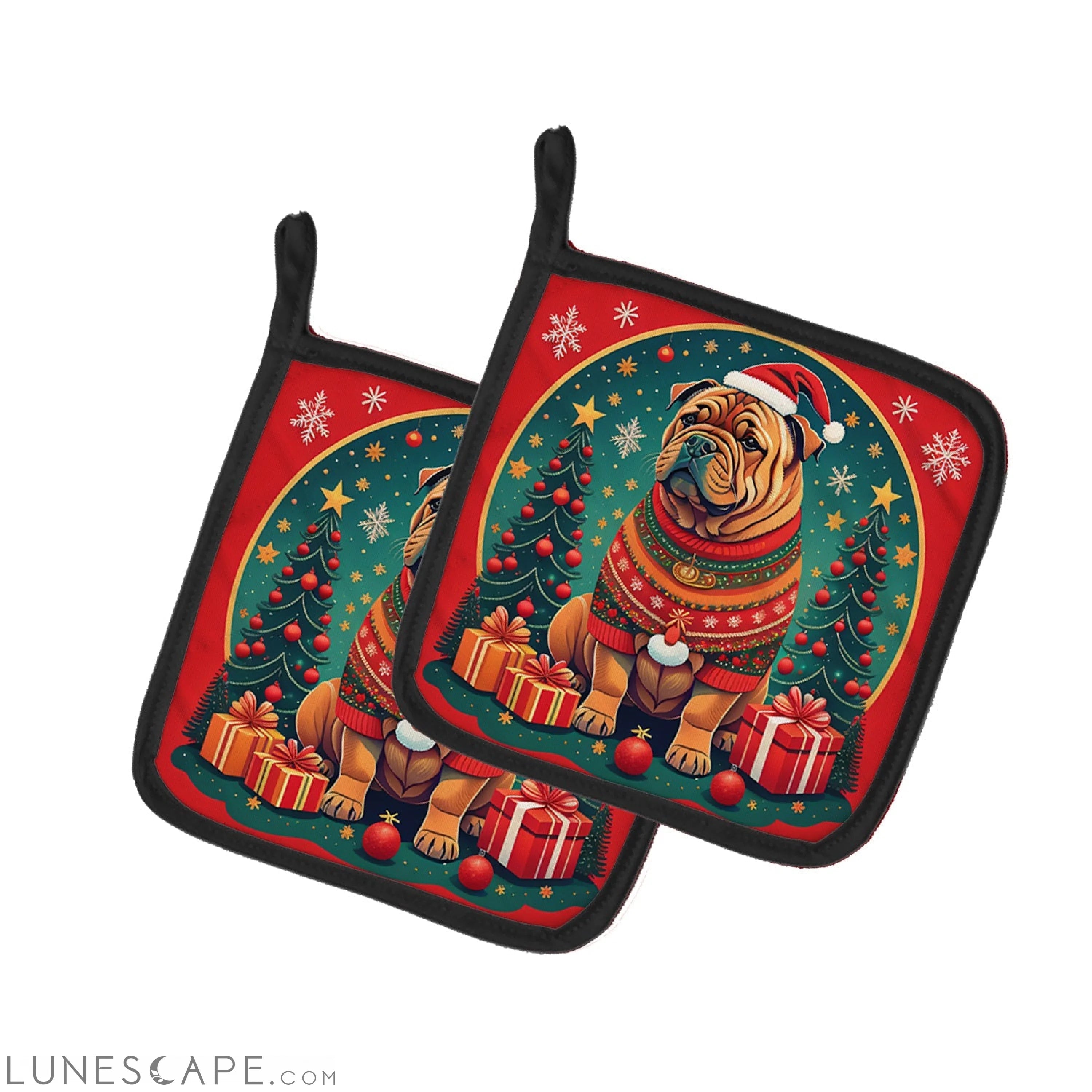 Shar Pei Christmas Pair of Pot Holders LUNESCAPE