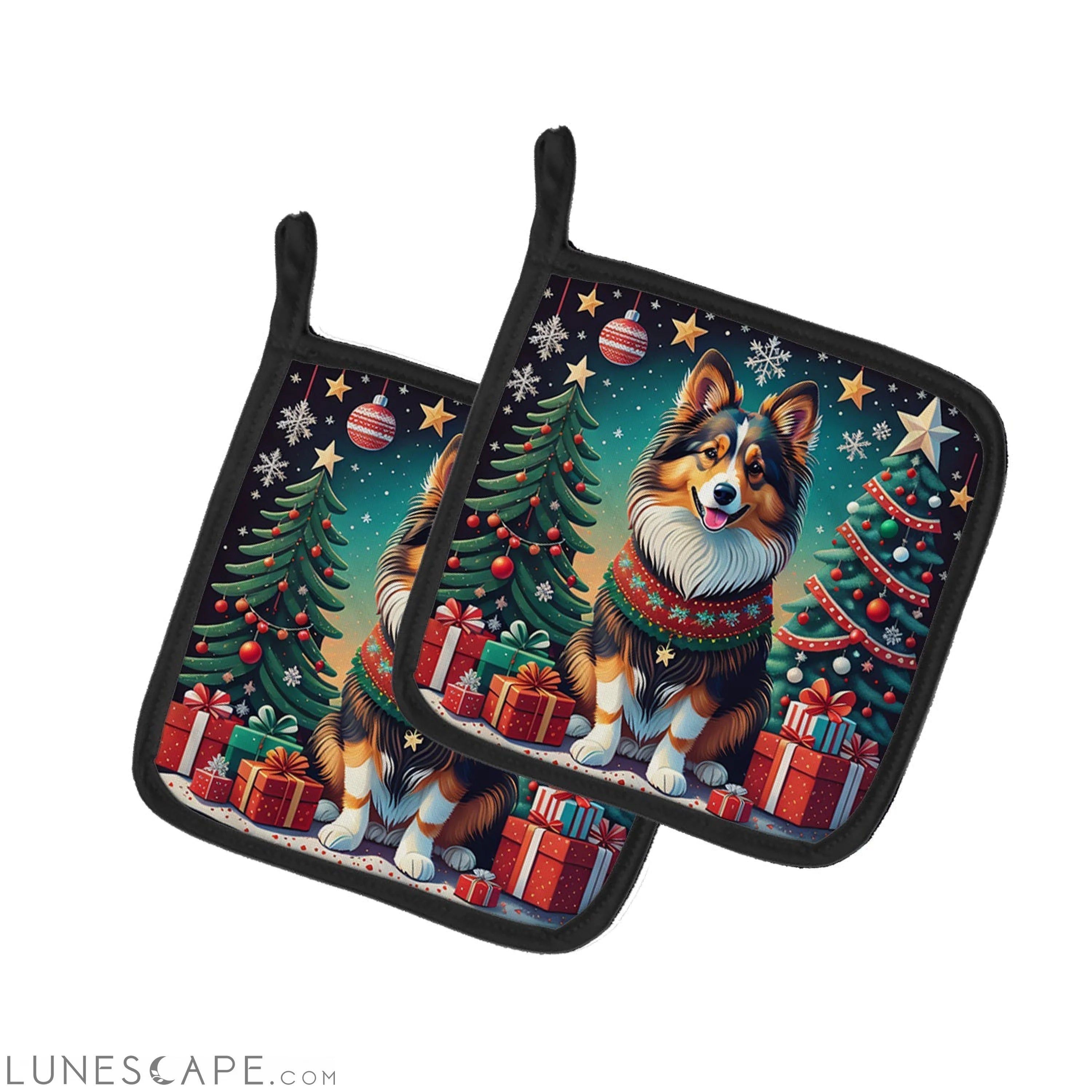 Sheltie Christmas Pair of Pot Holders LUNESCAPE