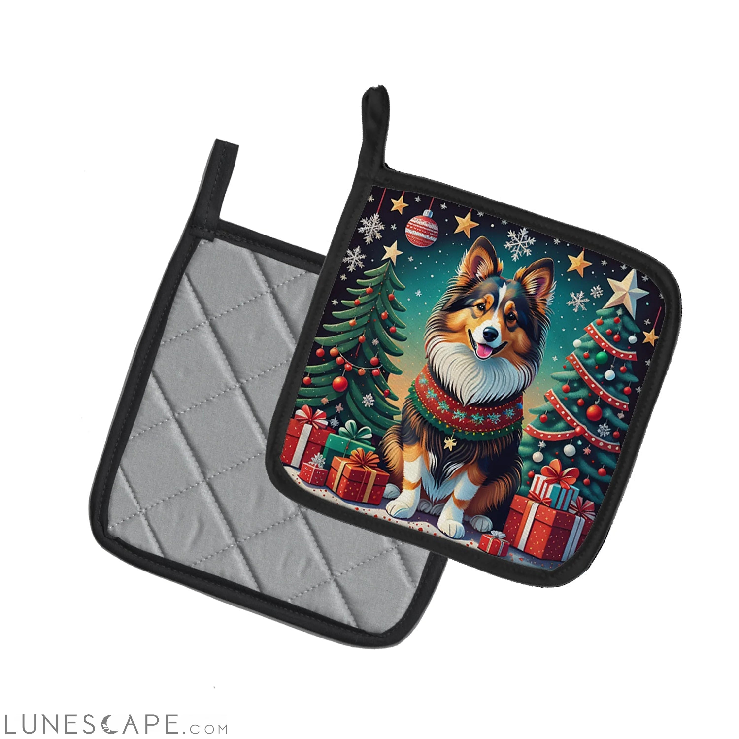 Sheltie Christmas Pair of Pot Holders LUNESCAPE