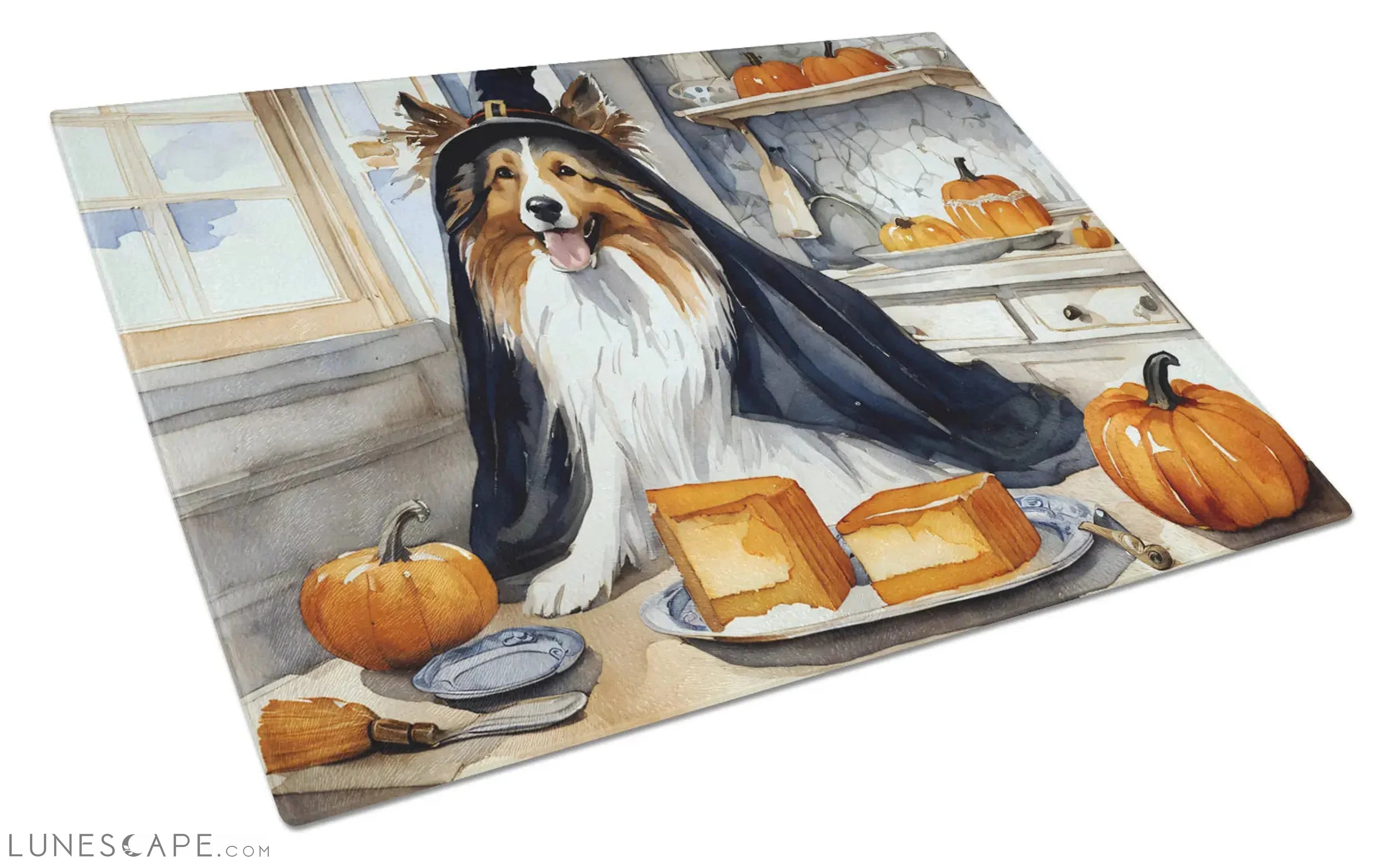 Sheltie Thanksgiving Fall Kitchen Pumpkins Glass Cutting Board LUNESCAPE