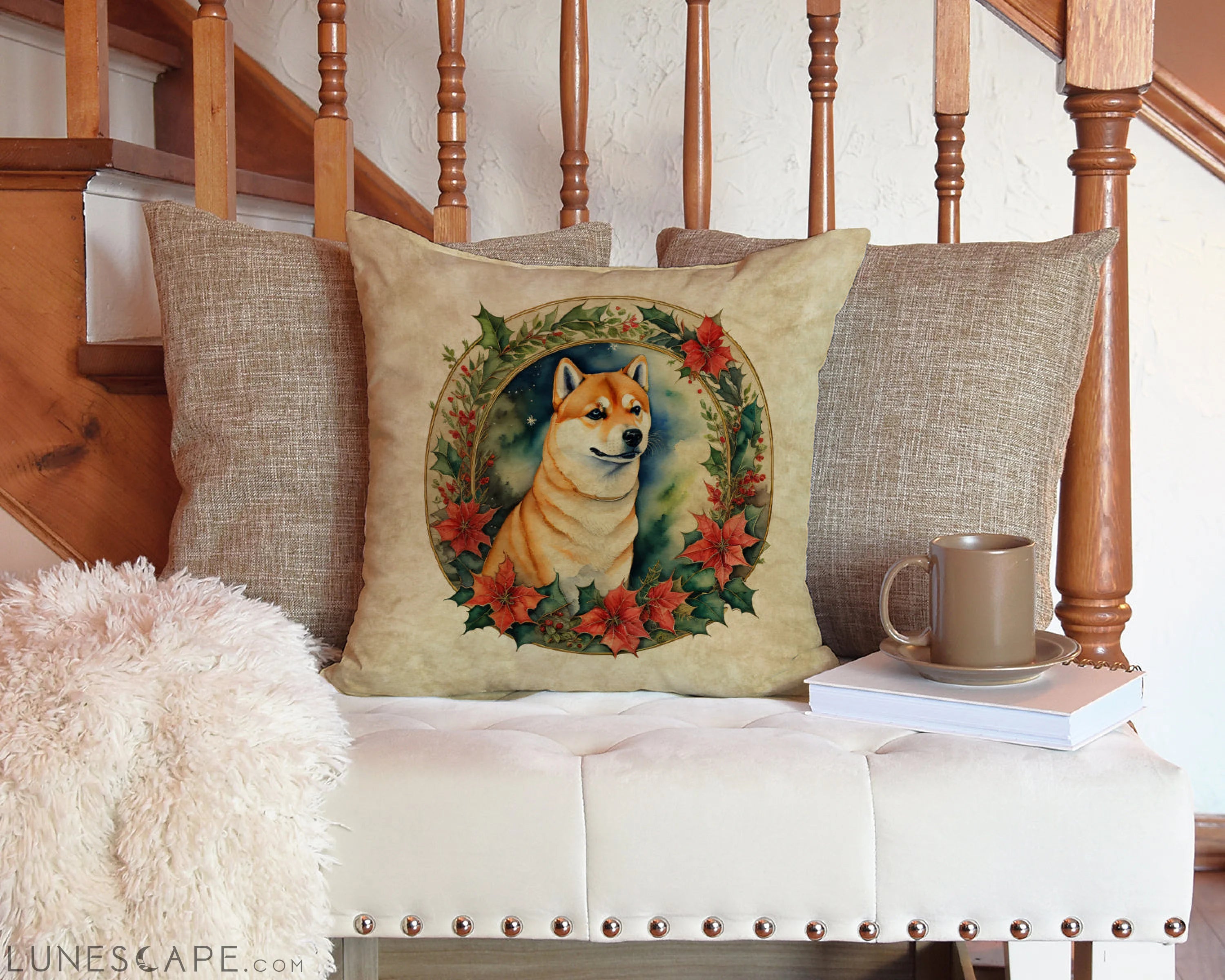 Shiba Inu Christmas Flowers Throw Pillow LUNESCAPE