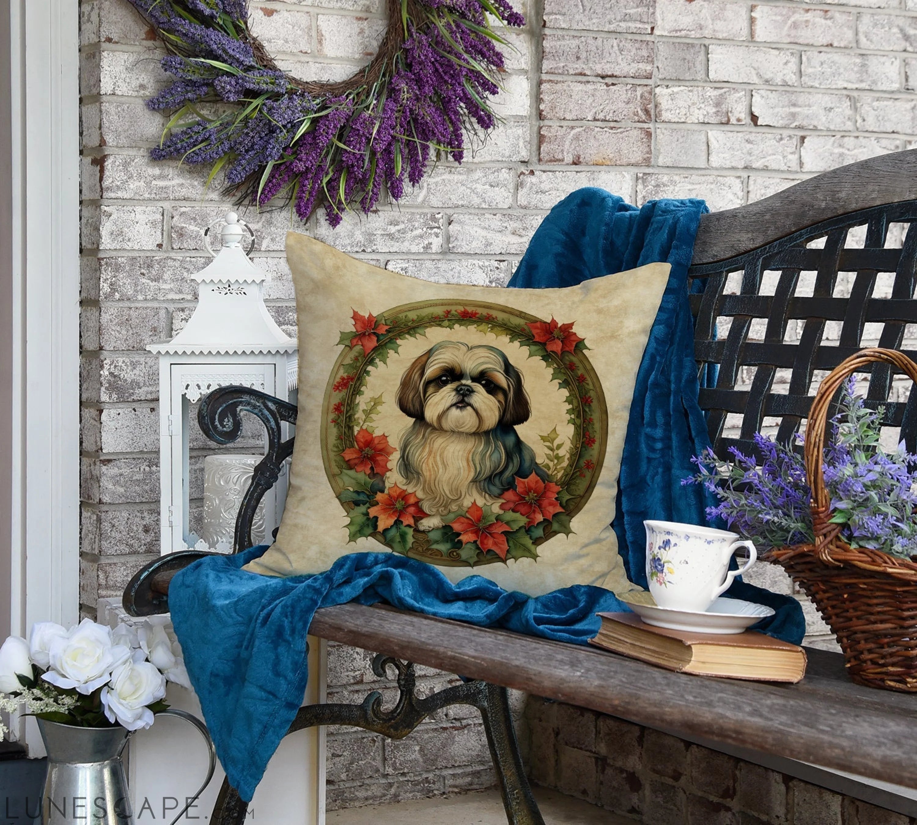 Shih Tzu Christmas Flowers Throw Pillow LUNESCAPE