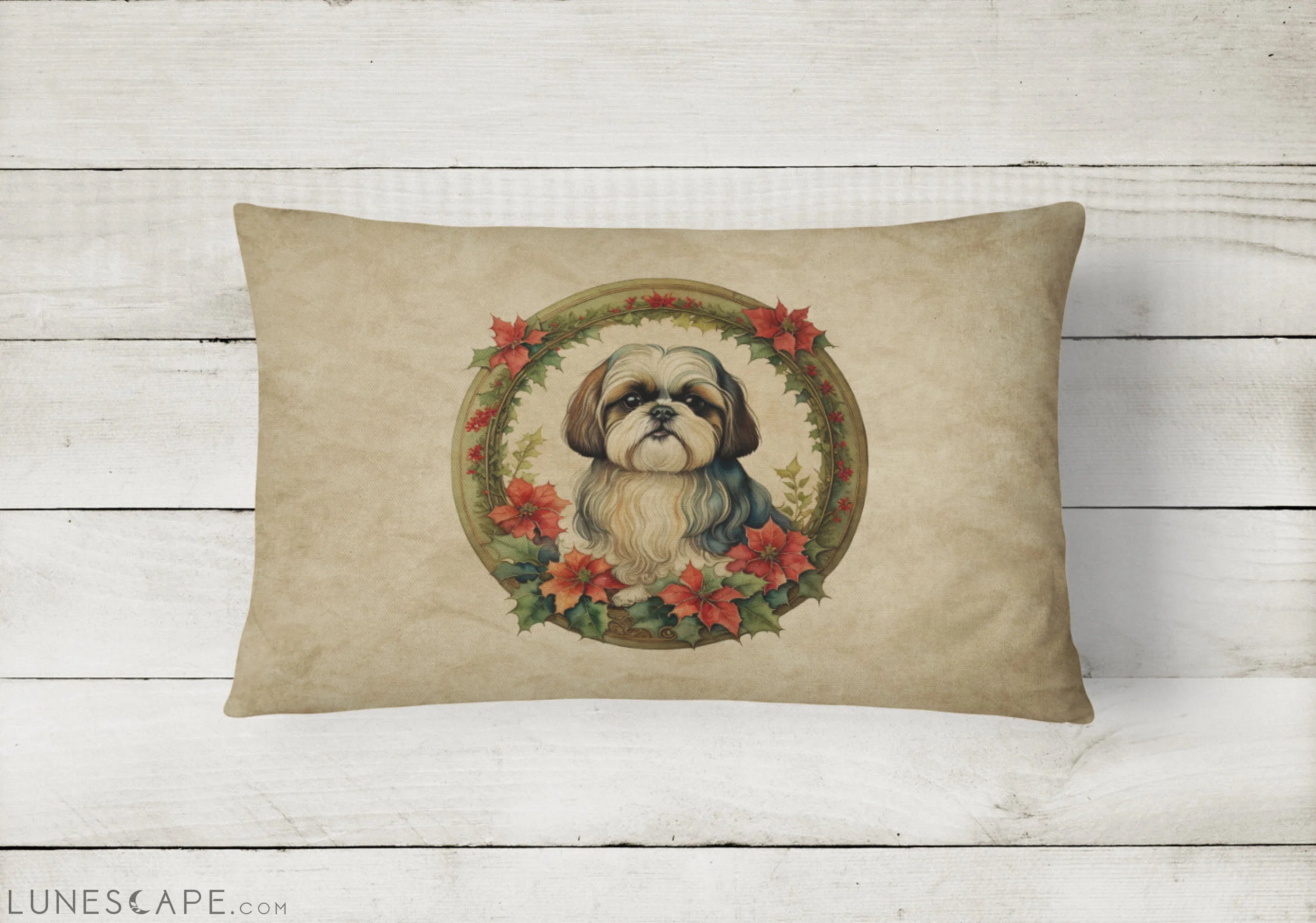 Shih Tzu Christmas Flowers Throw Pillow LUNESCAPE