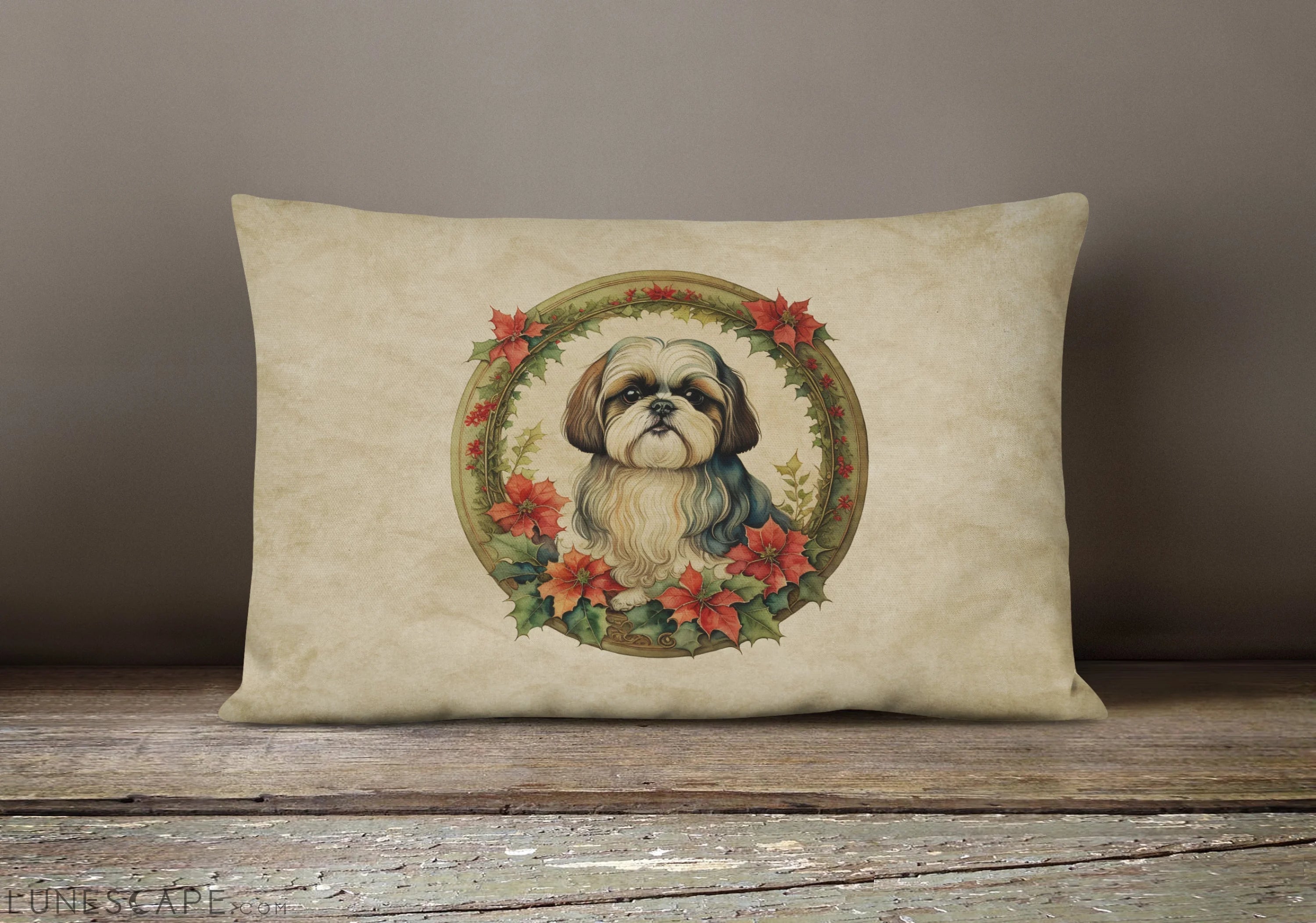 Shih Tzu Christmas Flowers Throw Pillow LUNESCAPE