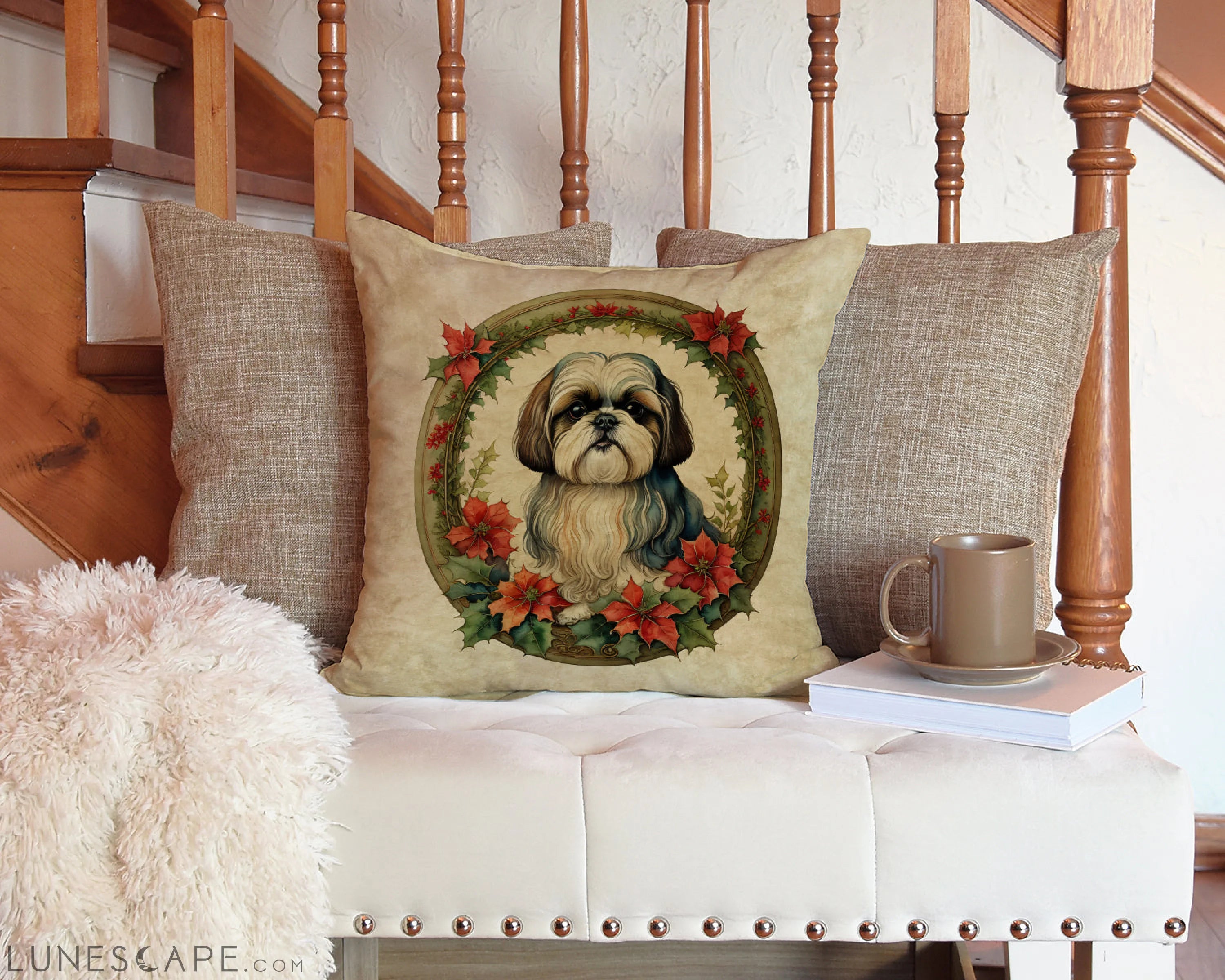 Shih Tzu Christmas Flowers Throw Pillow LUNESCAPE