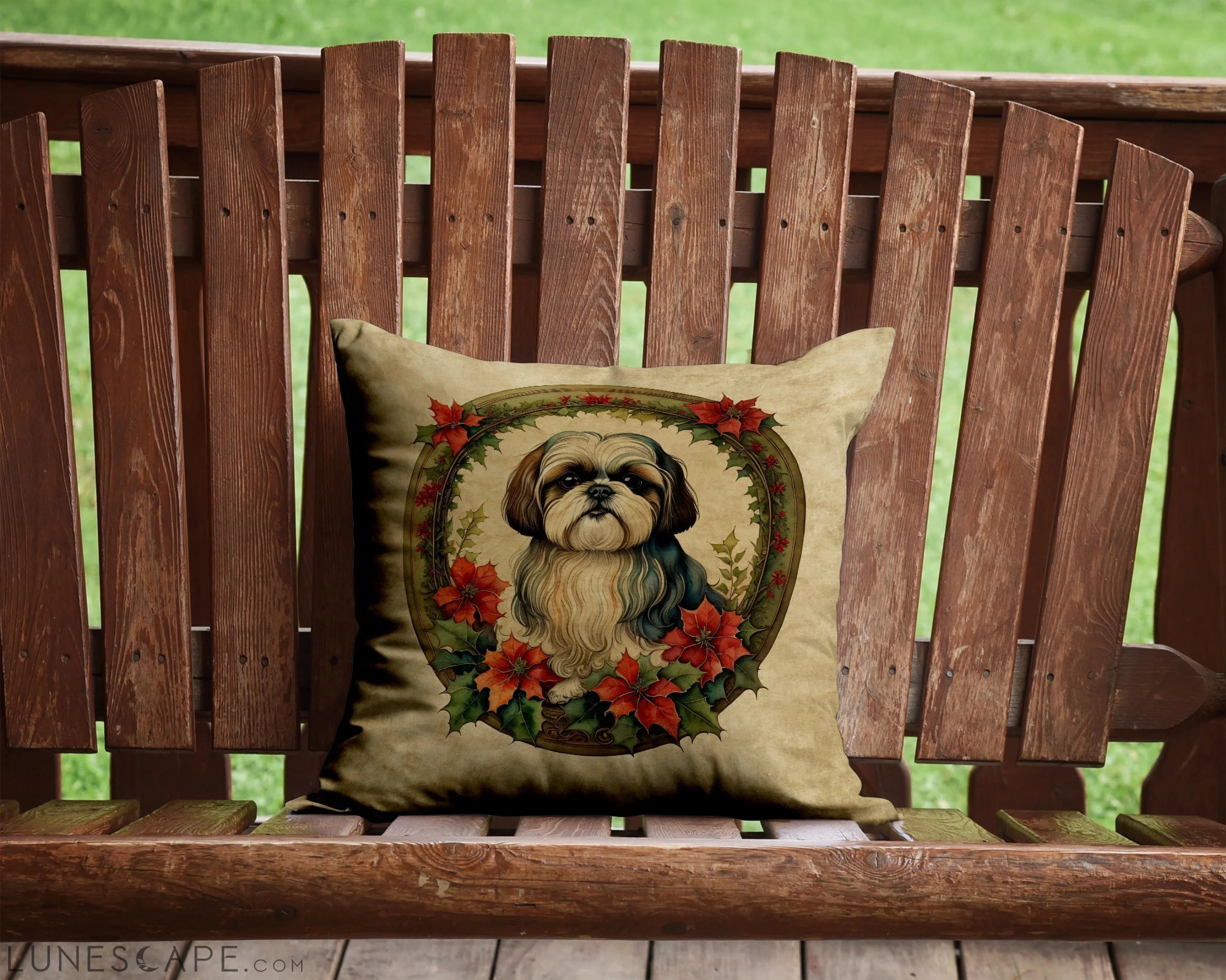 Shih Tzu Christmas Flowers Throw Pillow LUNESCAPE