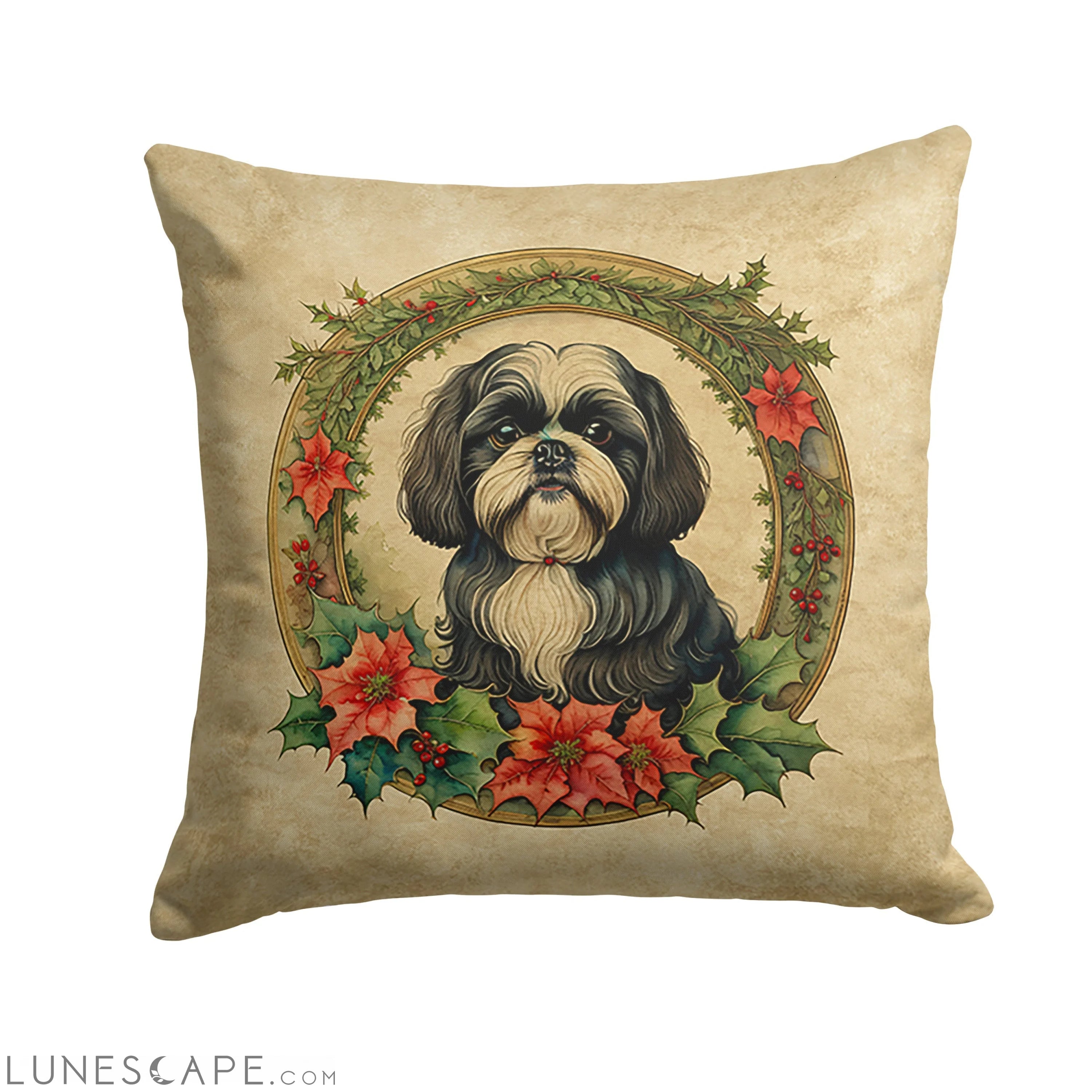 Shih Tzu Christmas Flowers Throw Pillow LUNESCAPE