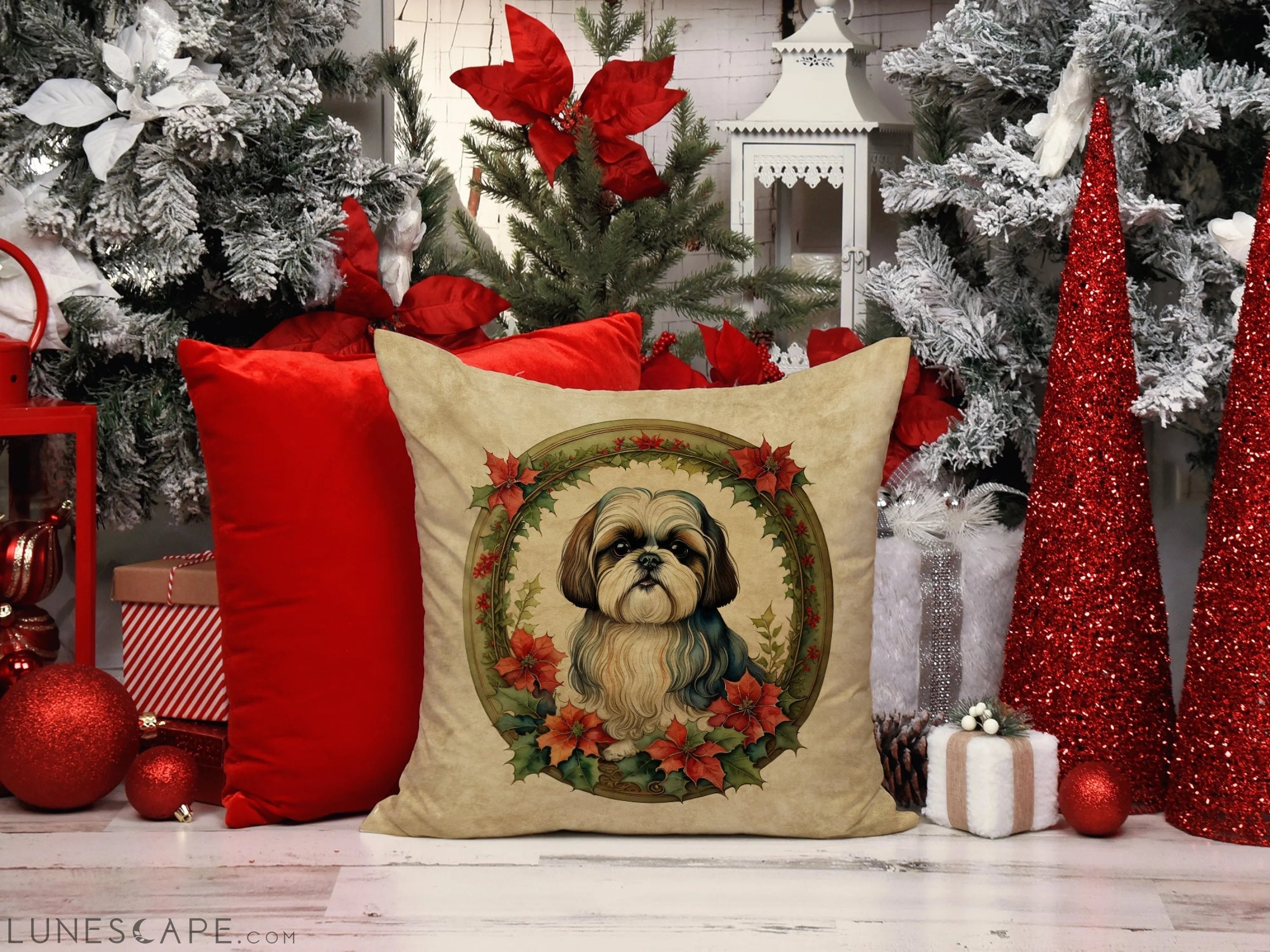 Shih Tzu Christmas Flowers Throw Pillow LUNESCAPE