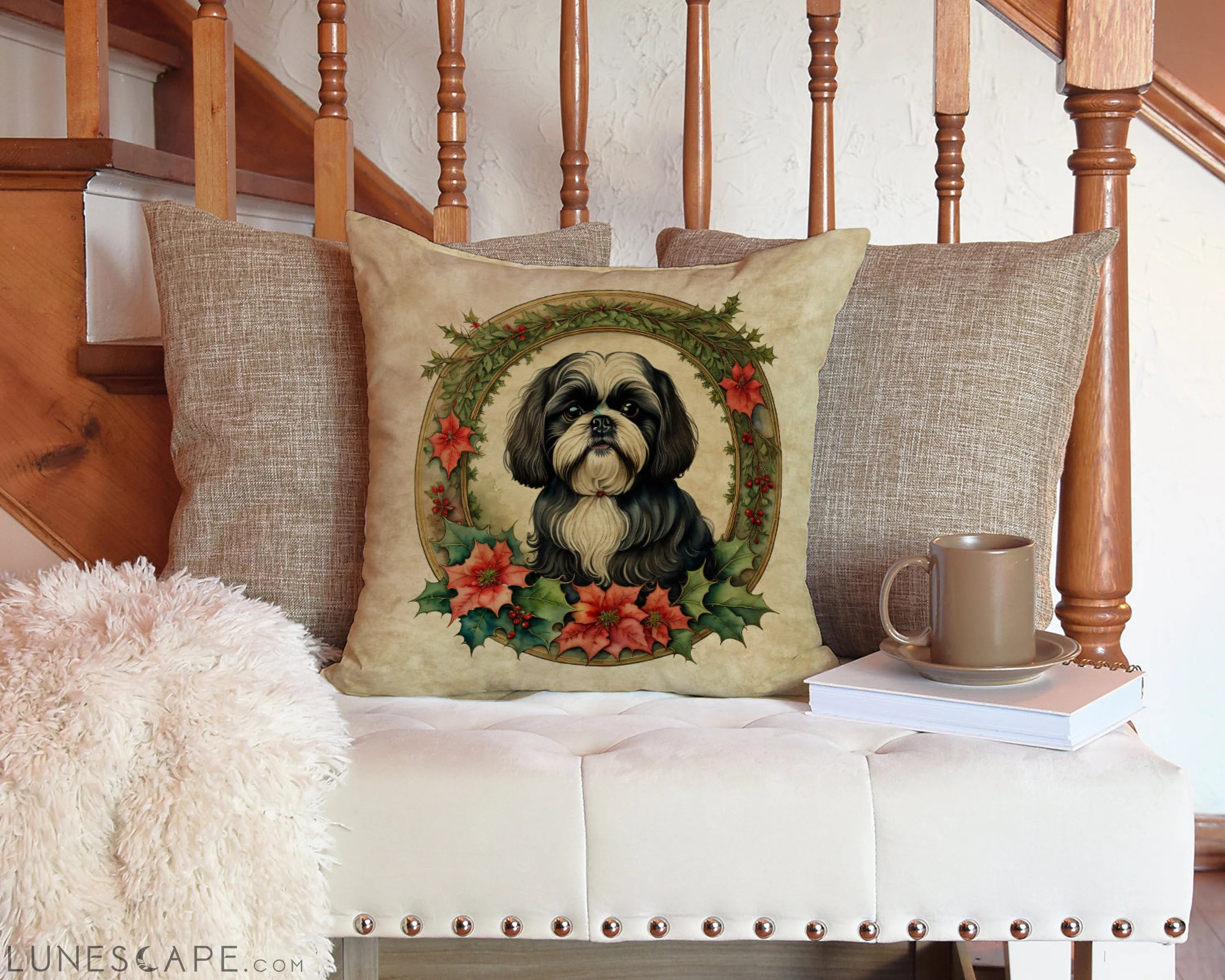 Shih Tzu Christmas Flowers Throw Pillow LUNESCAPE