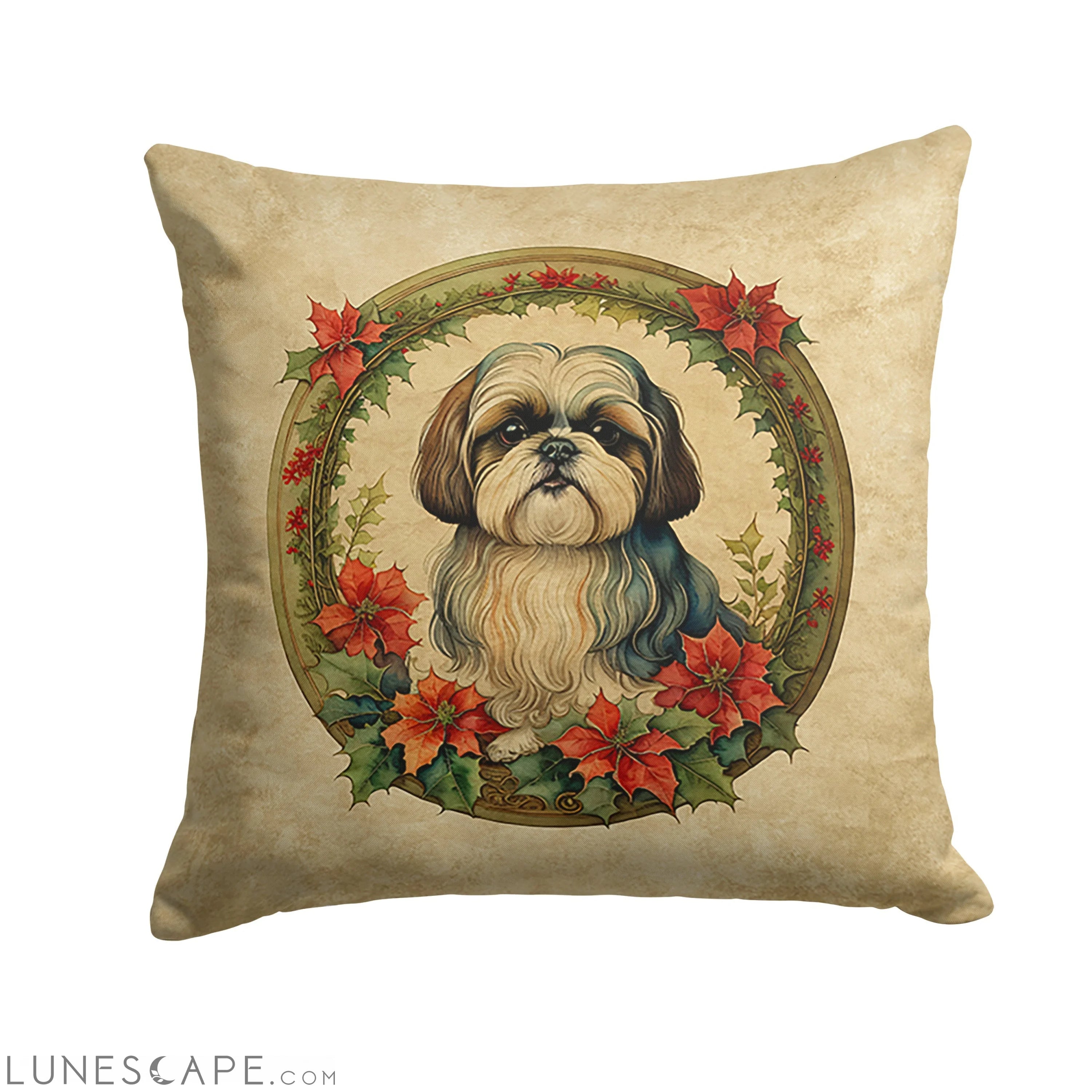 Shih Tzu Christmas Flowers Throw Pillow LUNESCAPE