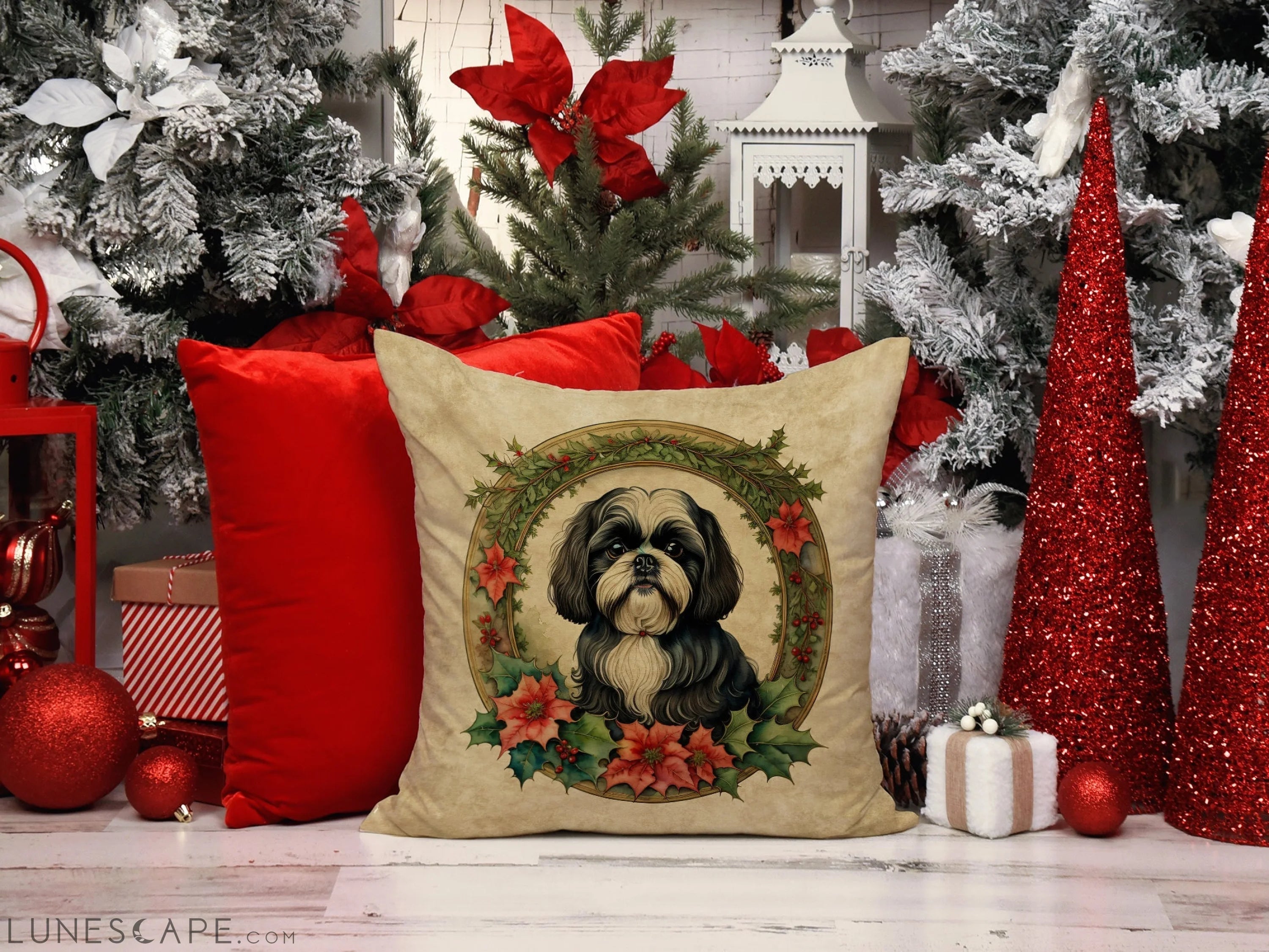 Shih Tzu Christmas Flowers Throw Pillow LUNESCAPE