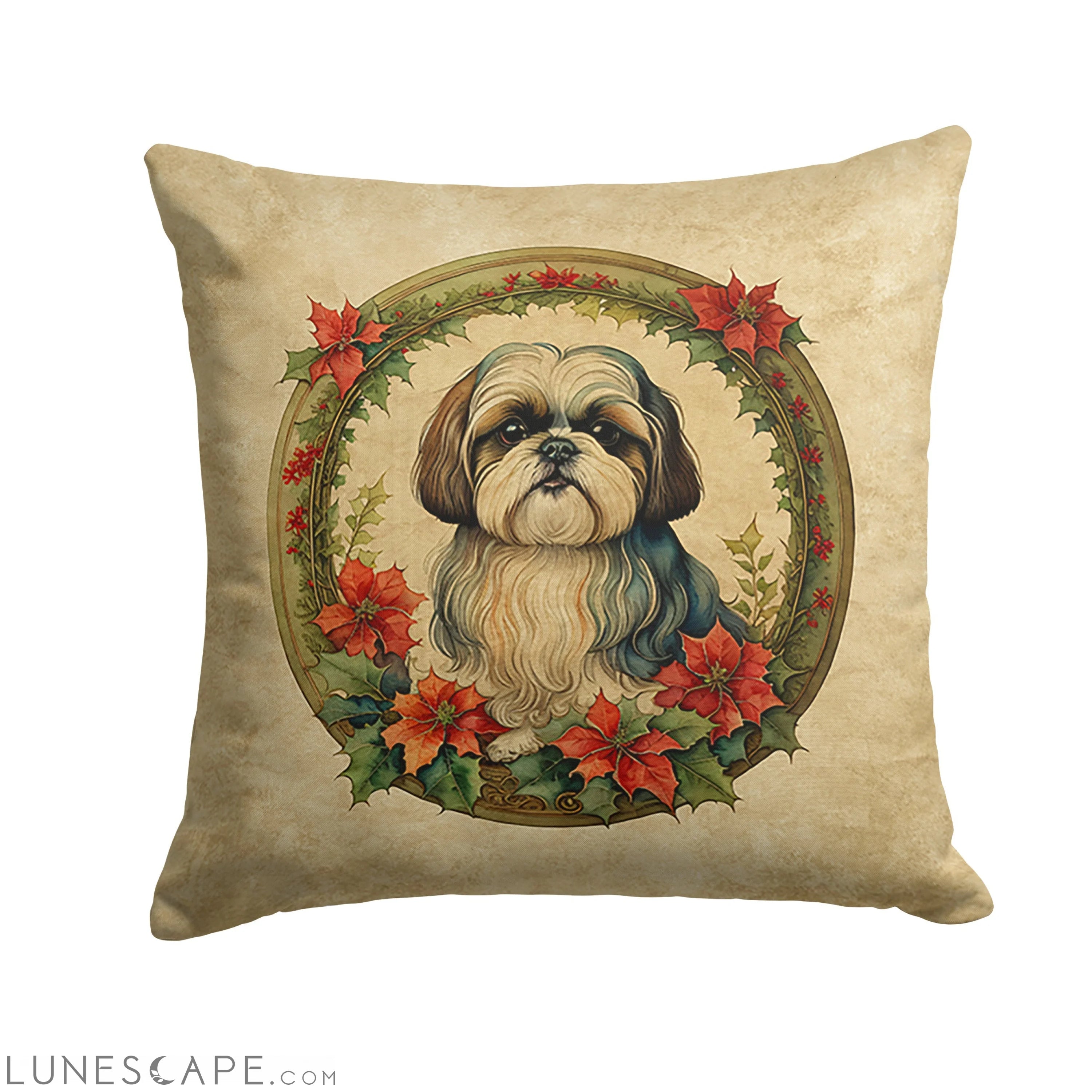 Shih Tzu Christmas Flowers Throw Pillow LUNESCAPE