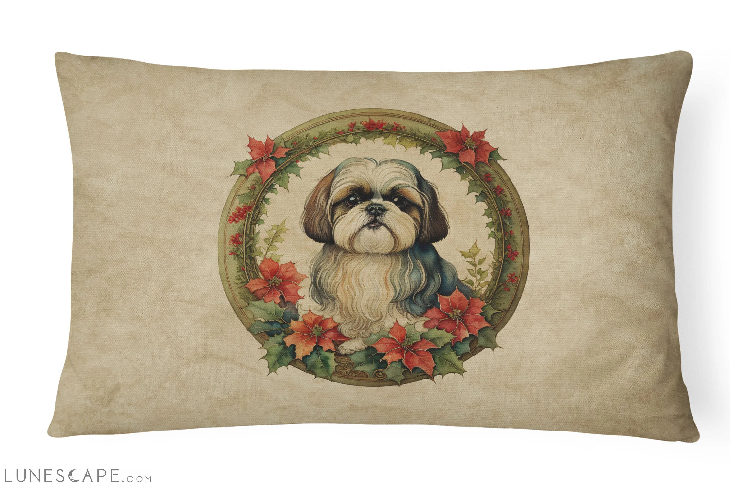 Shih Tzu Christmas Flowers Throw Pillow LUNESCAPE