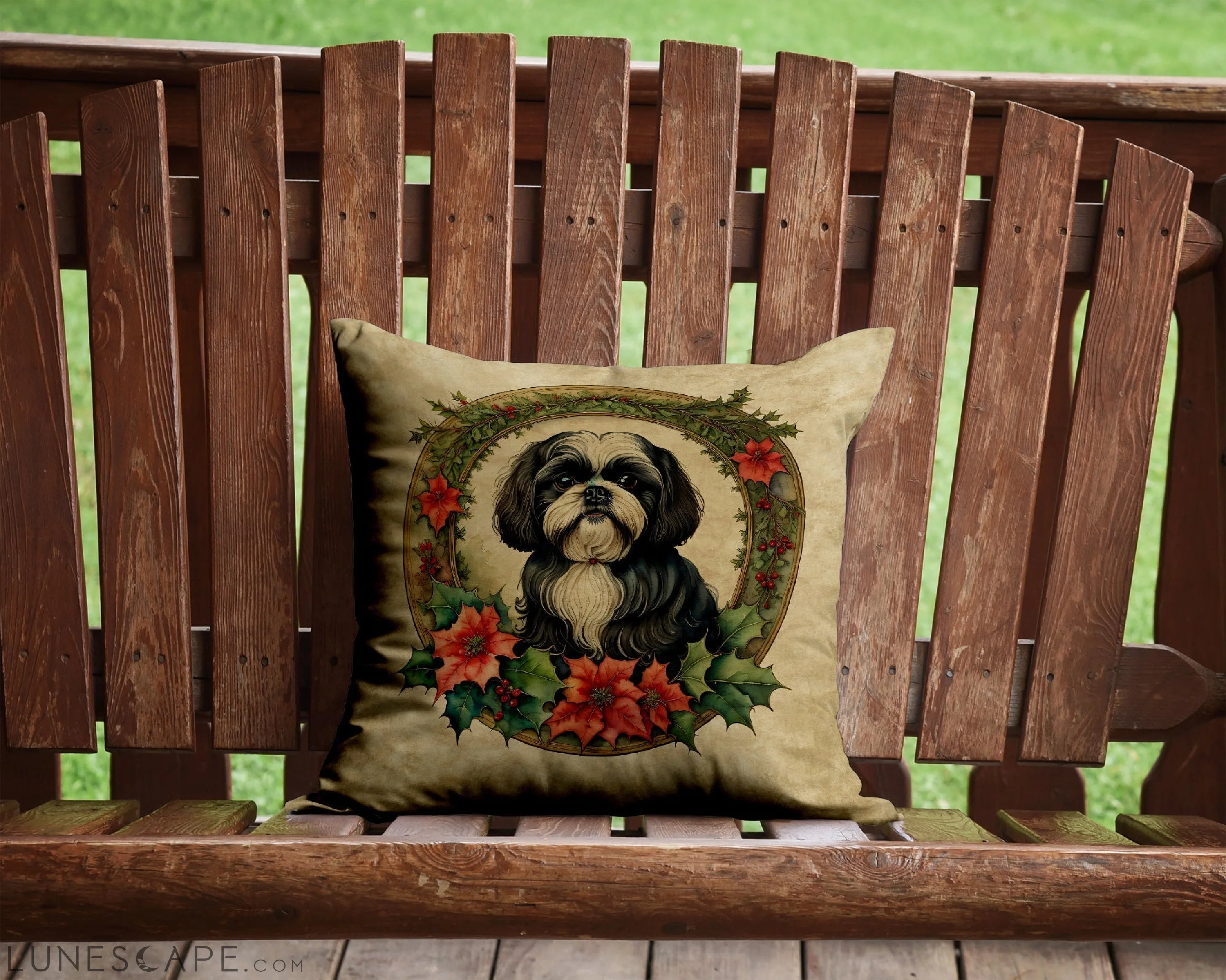 Shih Tzu Christmas Flowers Throw Pillow LUNESCAPE