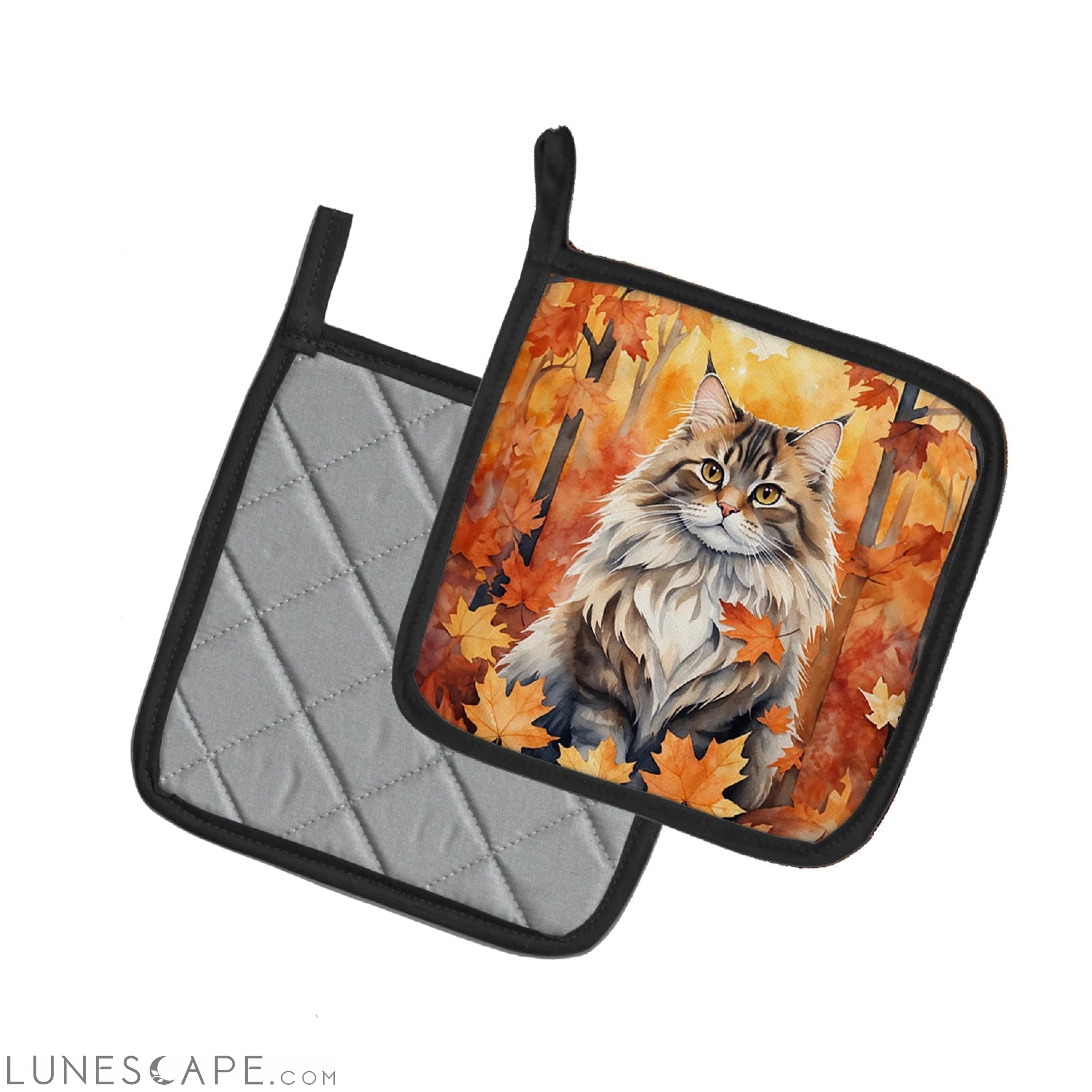 Siberian Cat in Fall Leaves Pair of Pot Holders LUNESCAPE