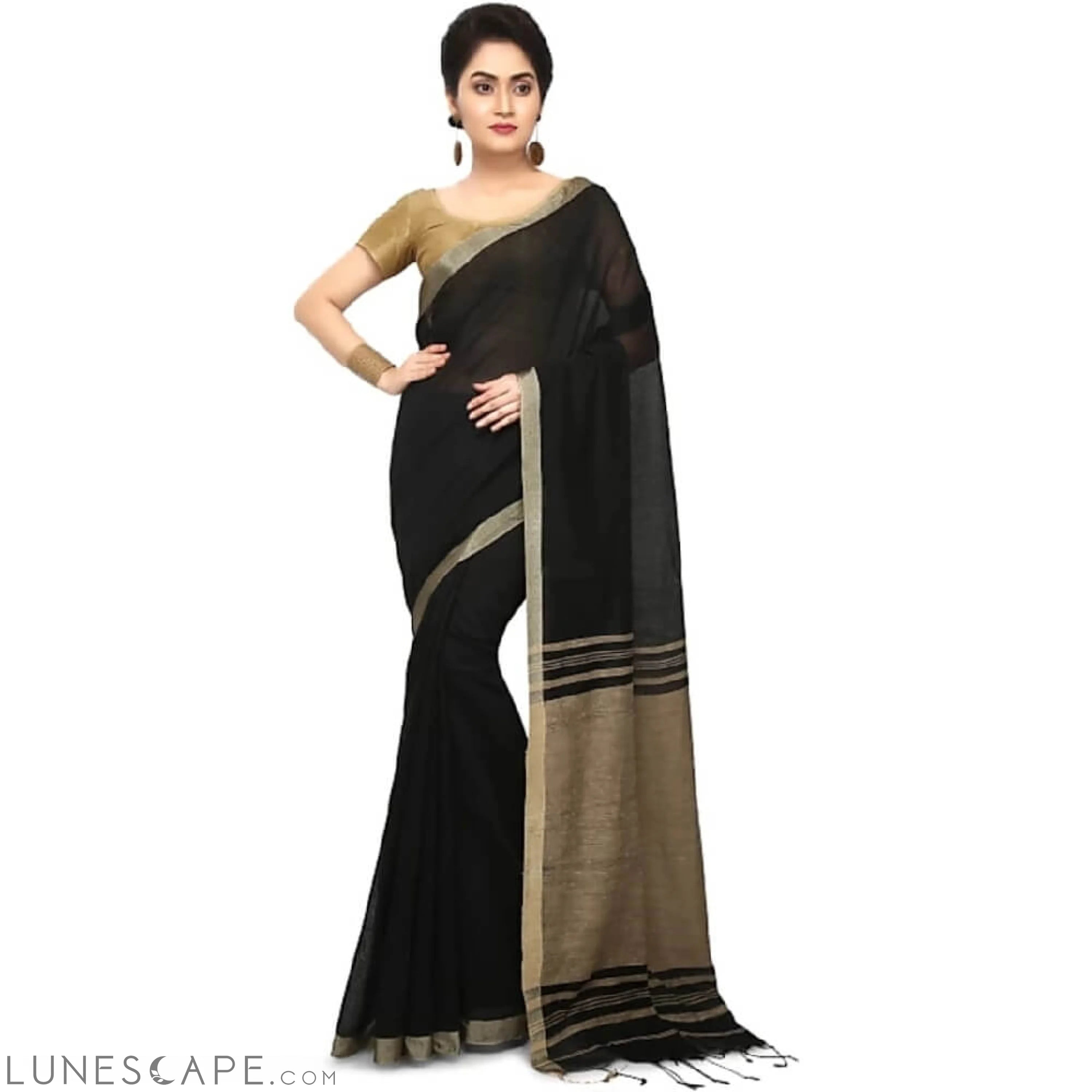Silk Cotton Handloom Saree - Black LUNESCAPE