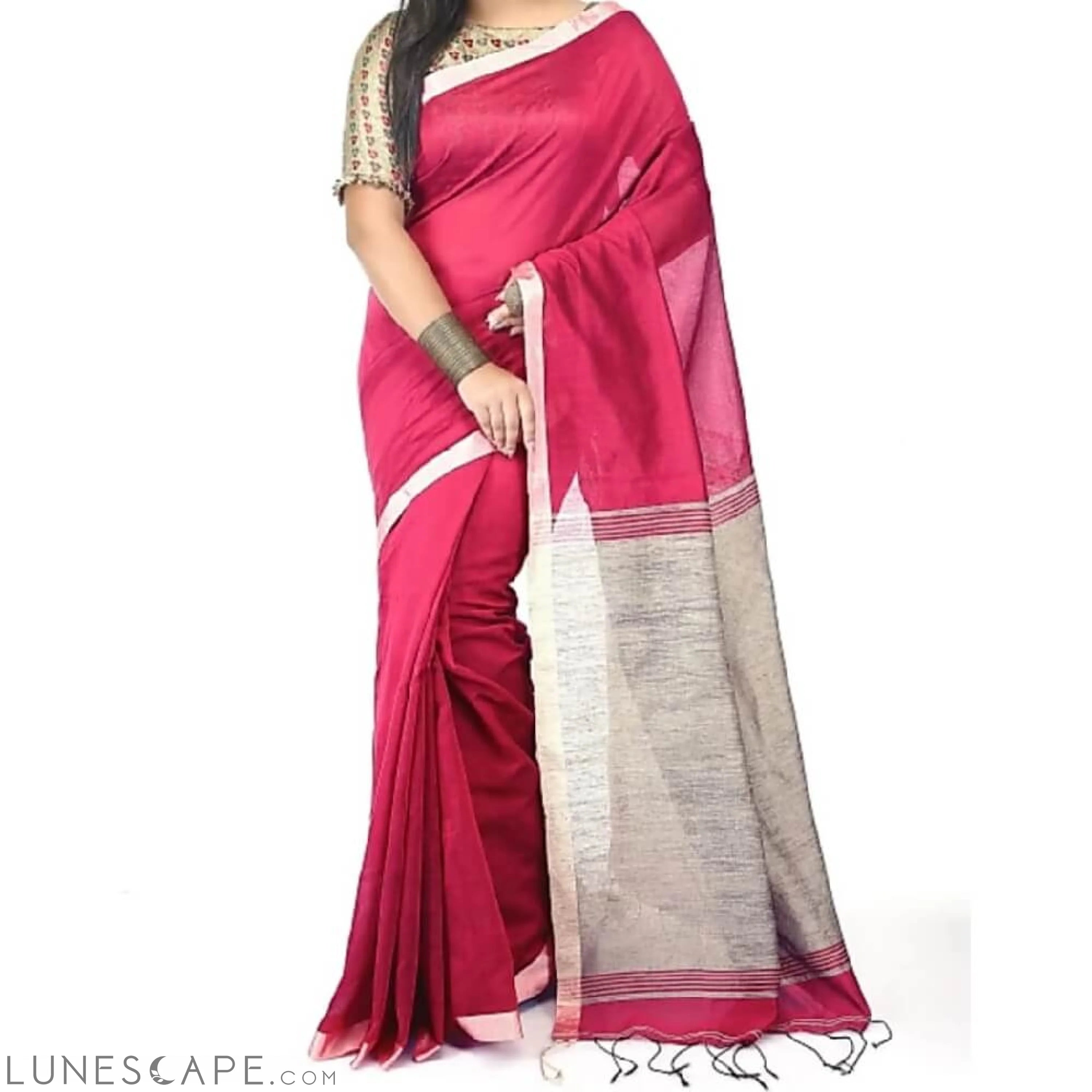 Silk Cotton Handloom Saree - Pink LUNESCAPE