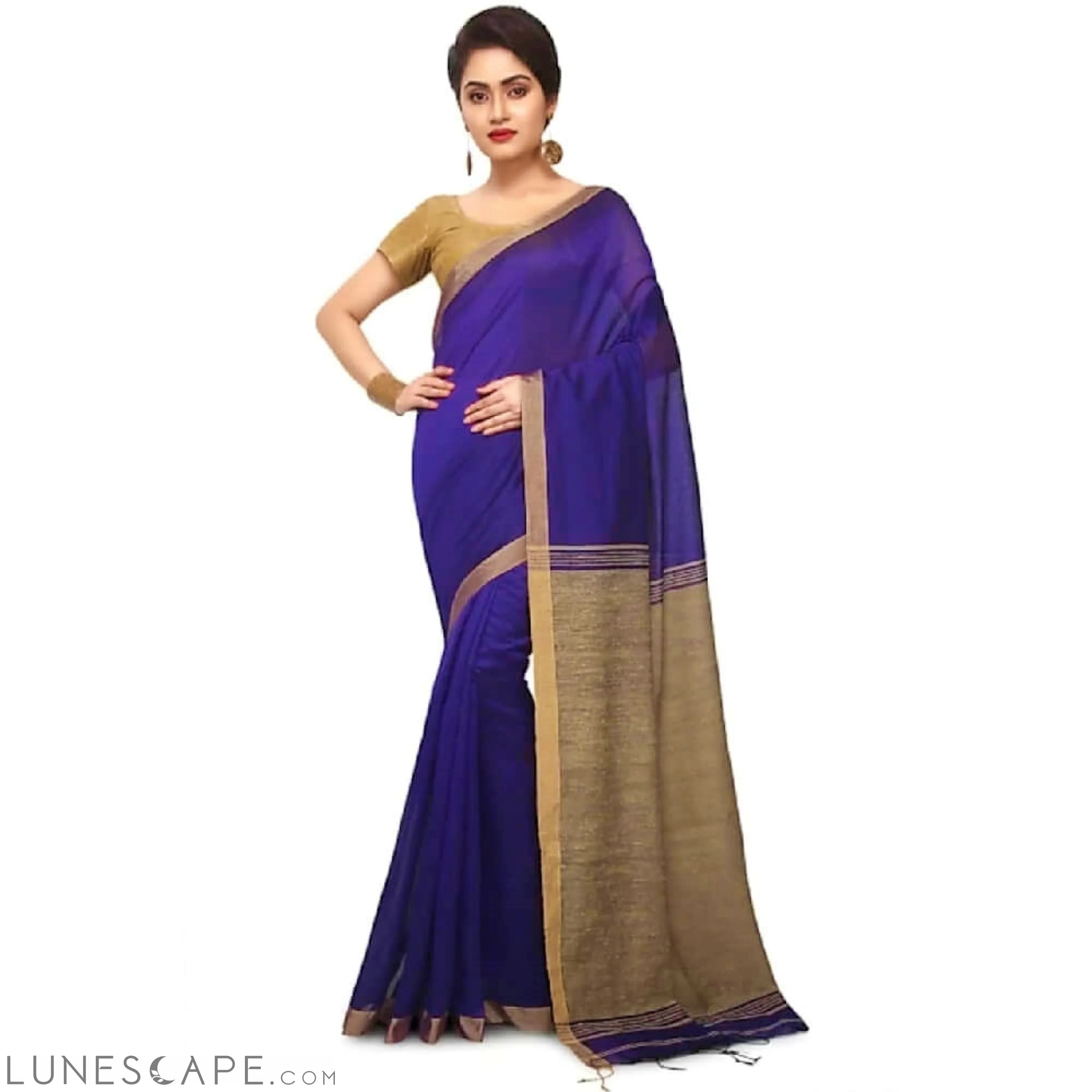 Silk Cotton Handloom Saree - Royal Blue LUNESCAPE