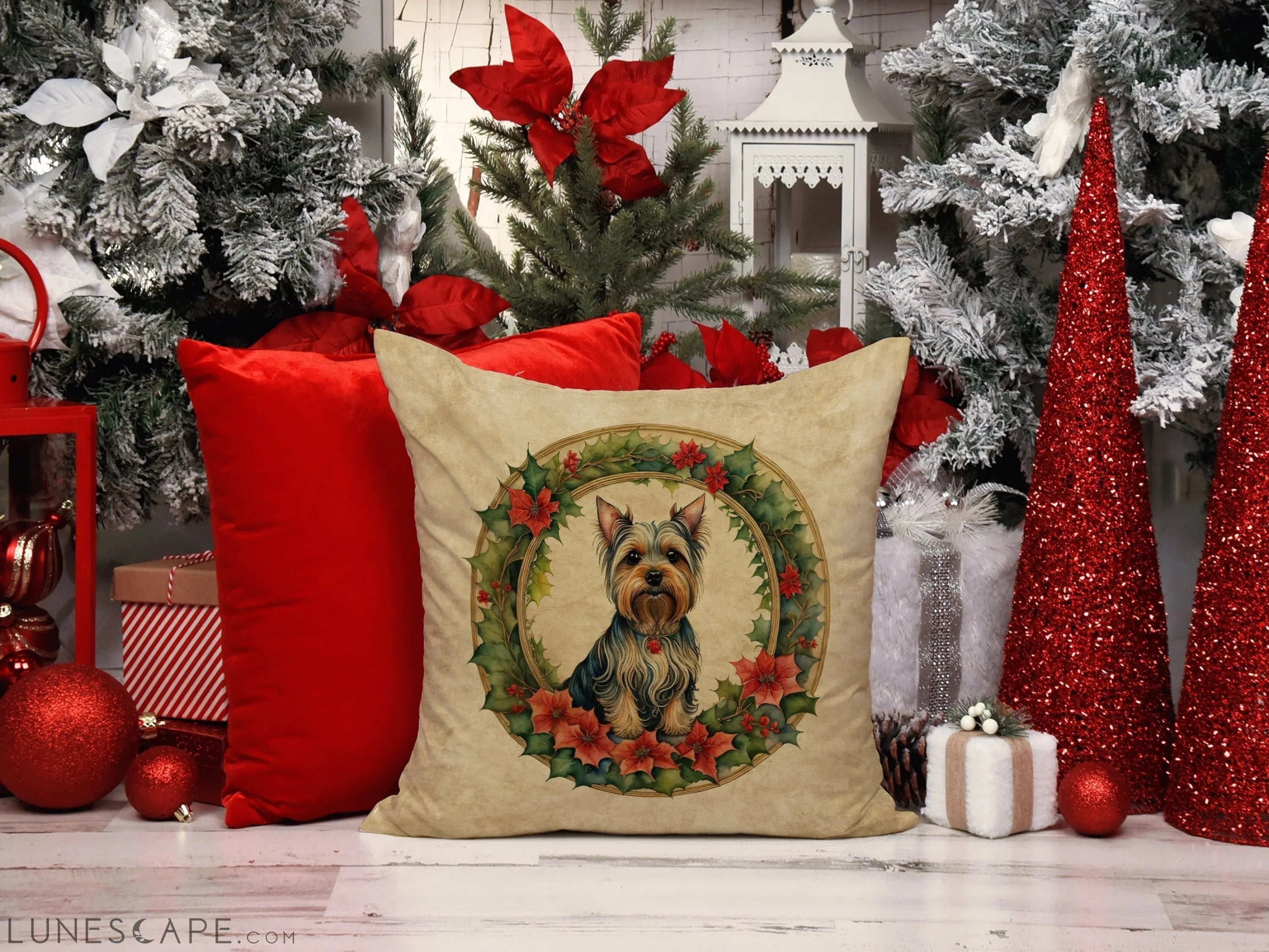 Silky Terrier Christmas Flowers Throw Pillow LUNESCAPE