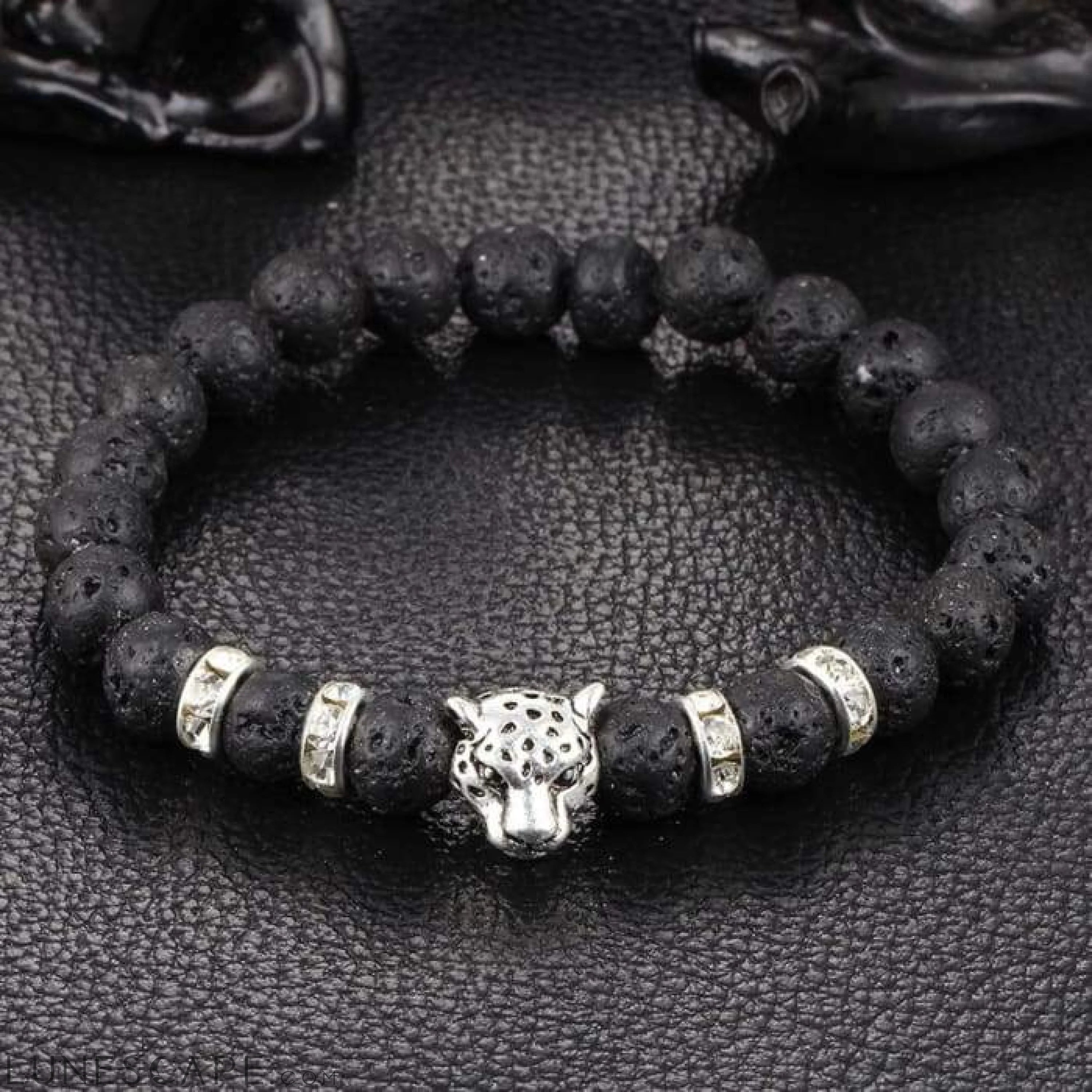 Silver Onyx Stone Leopard and Lava Stone Beads Men's Bracelet LUNESCAPE