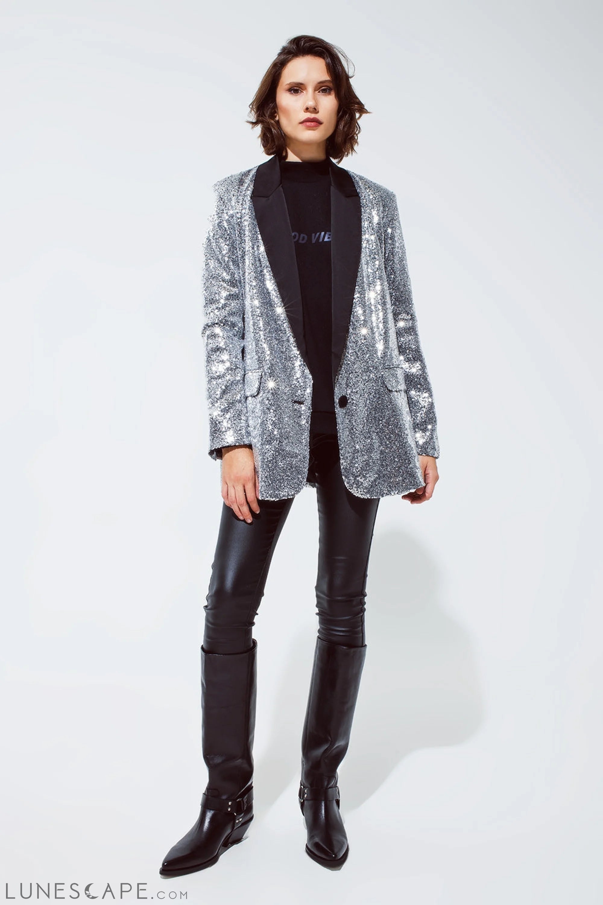 Silver Sequin Tuxedo Blazer With Satin Black Lapels LUNESCAPE