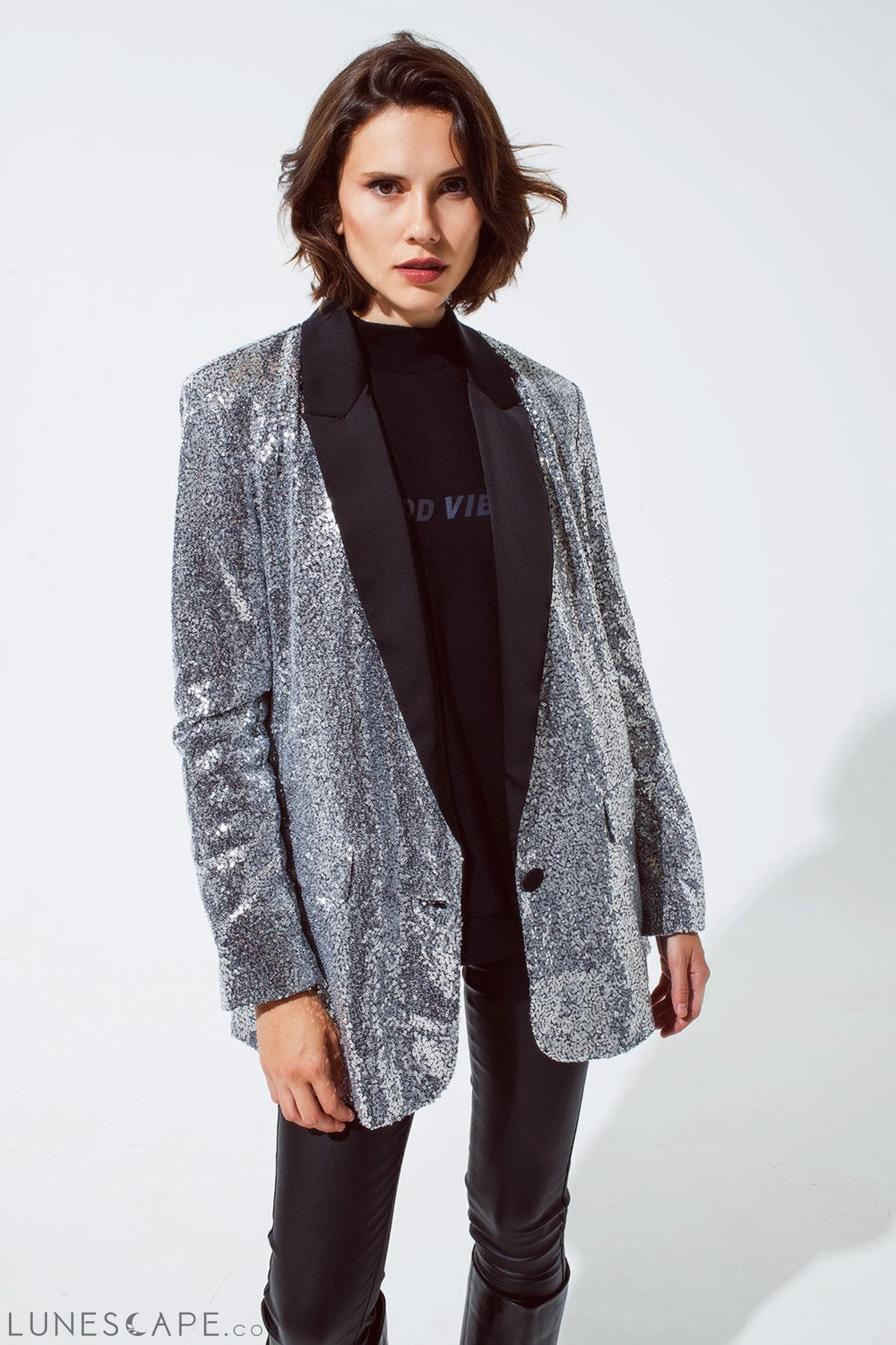 Silver Sequin Tuxedo Blazer With Satin Black Lapels LUNESCAPE