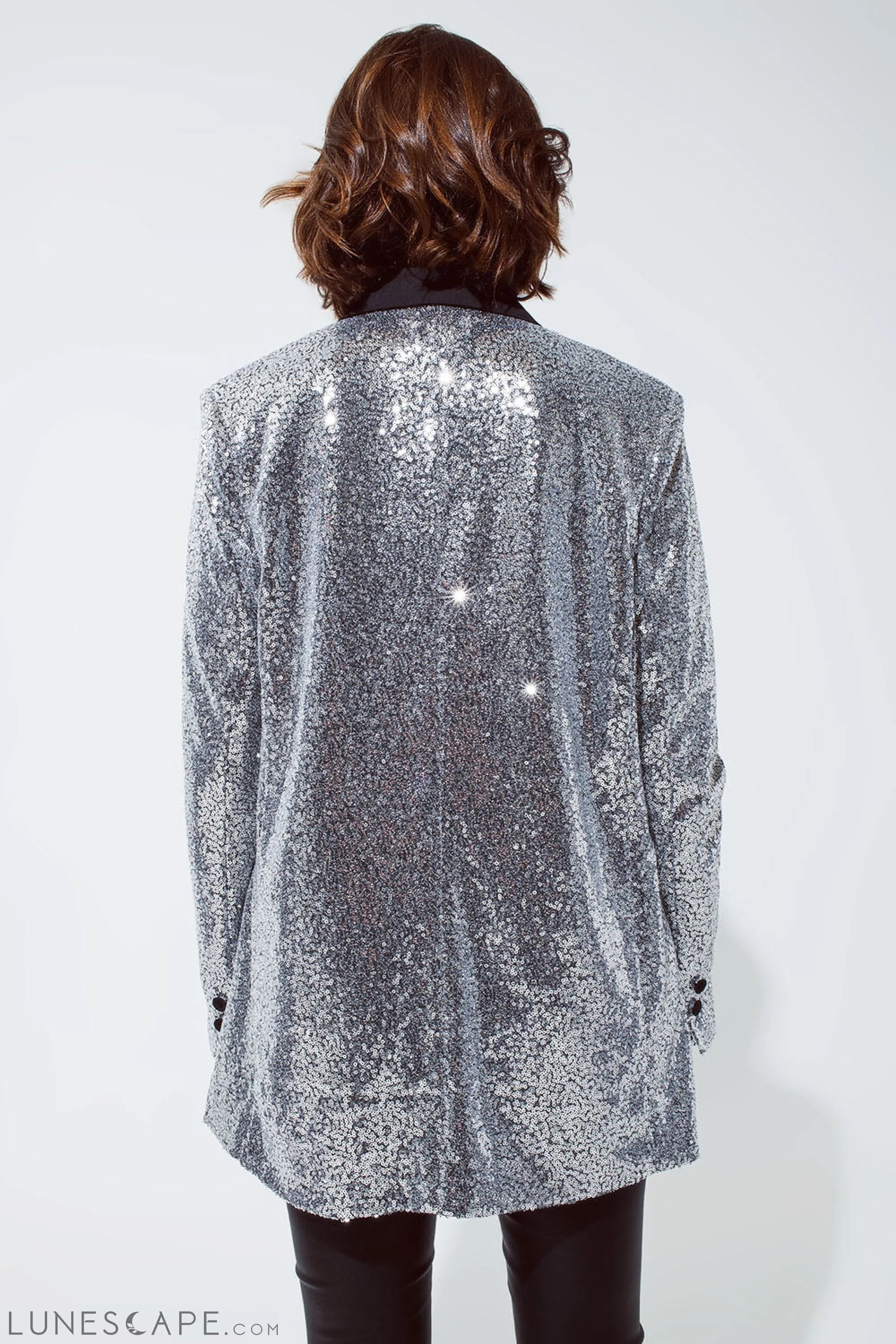 Silver Sequin Tuxedo Blazer With Satin Black Lapels LUNESCAPE