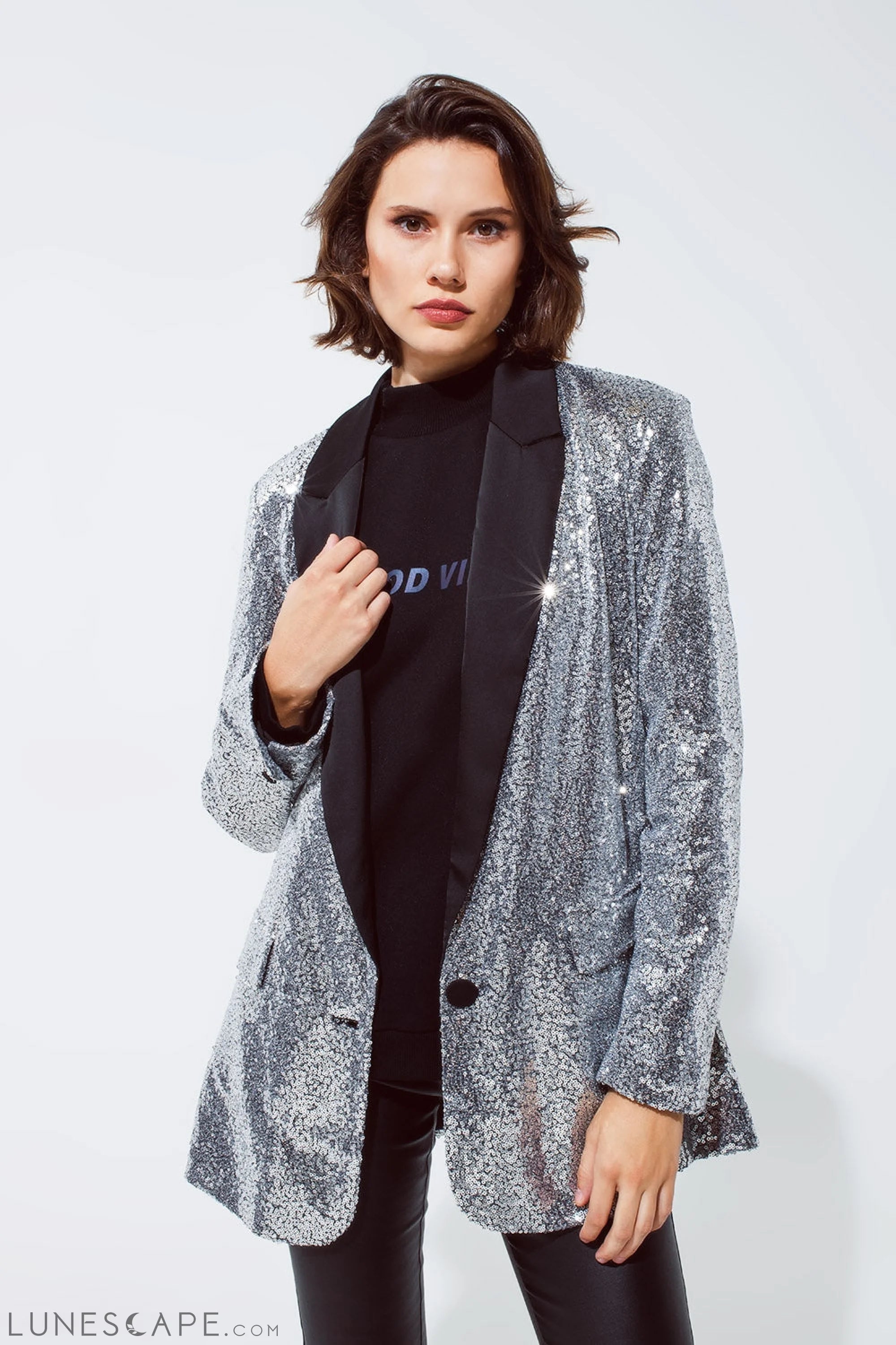 Silver Sequin Tuxedo Blazer With Satin Black Lapels LUNESCAPE