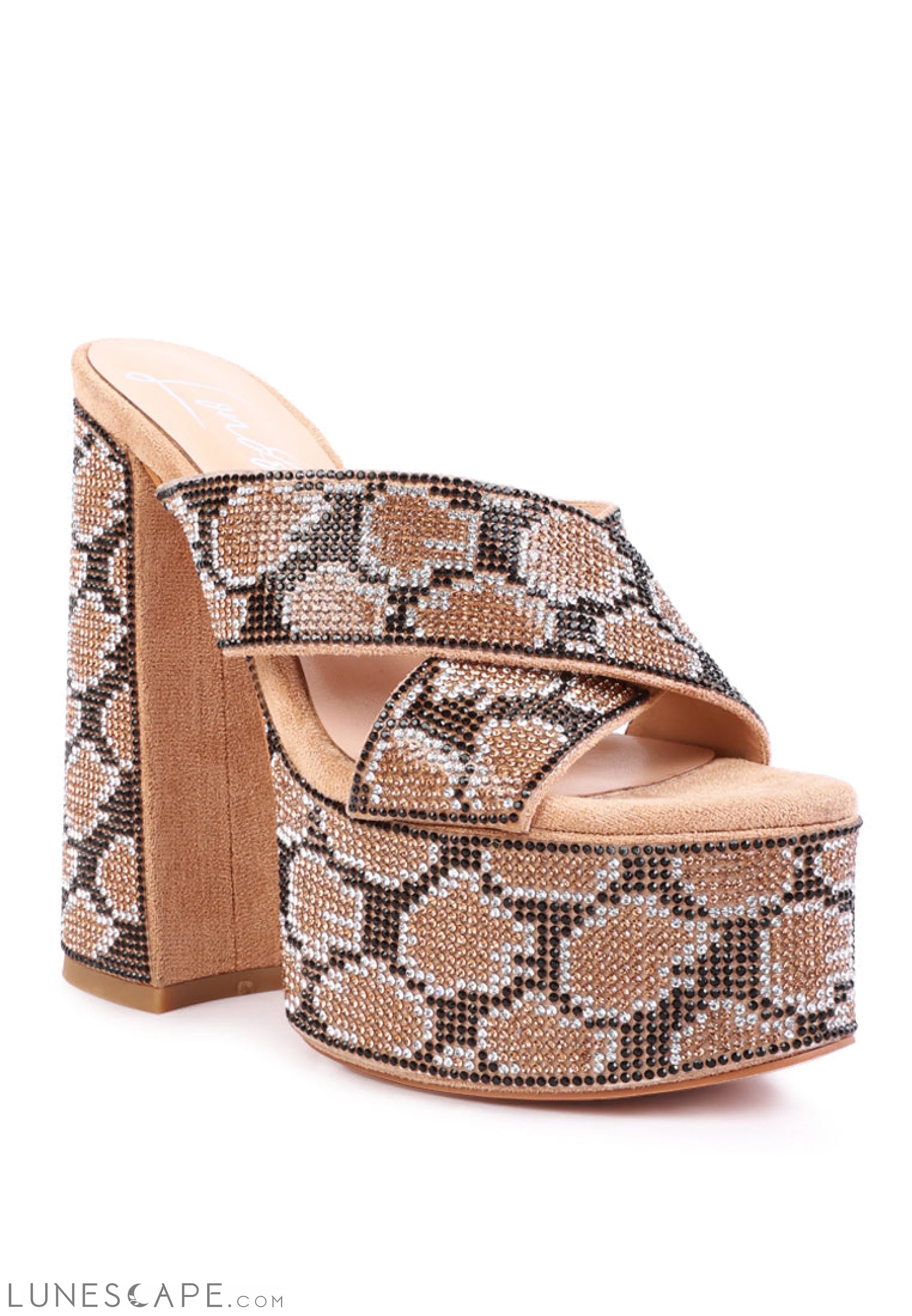 Sinful High Platform Diamante Pattered Beaded Block Heel Mule Sandals LUNESCAPE