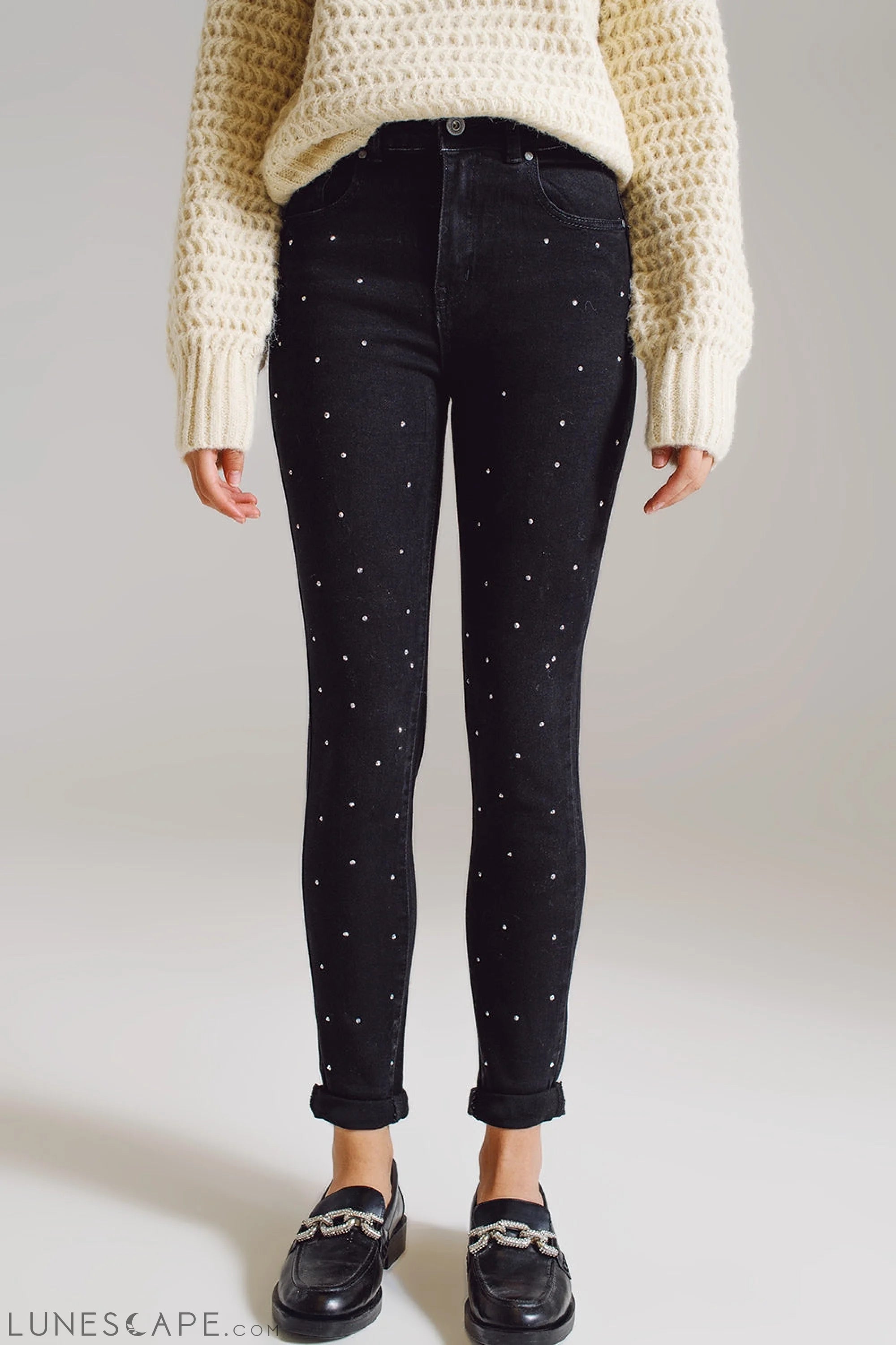 Skinny Jeans With Embellished Strass All Over in Black LUNESCAPE