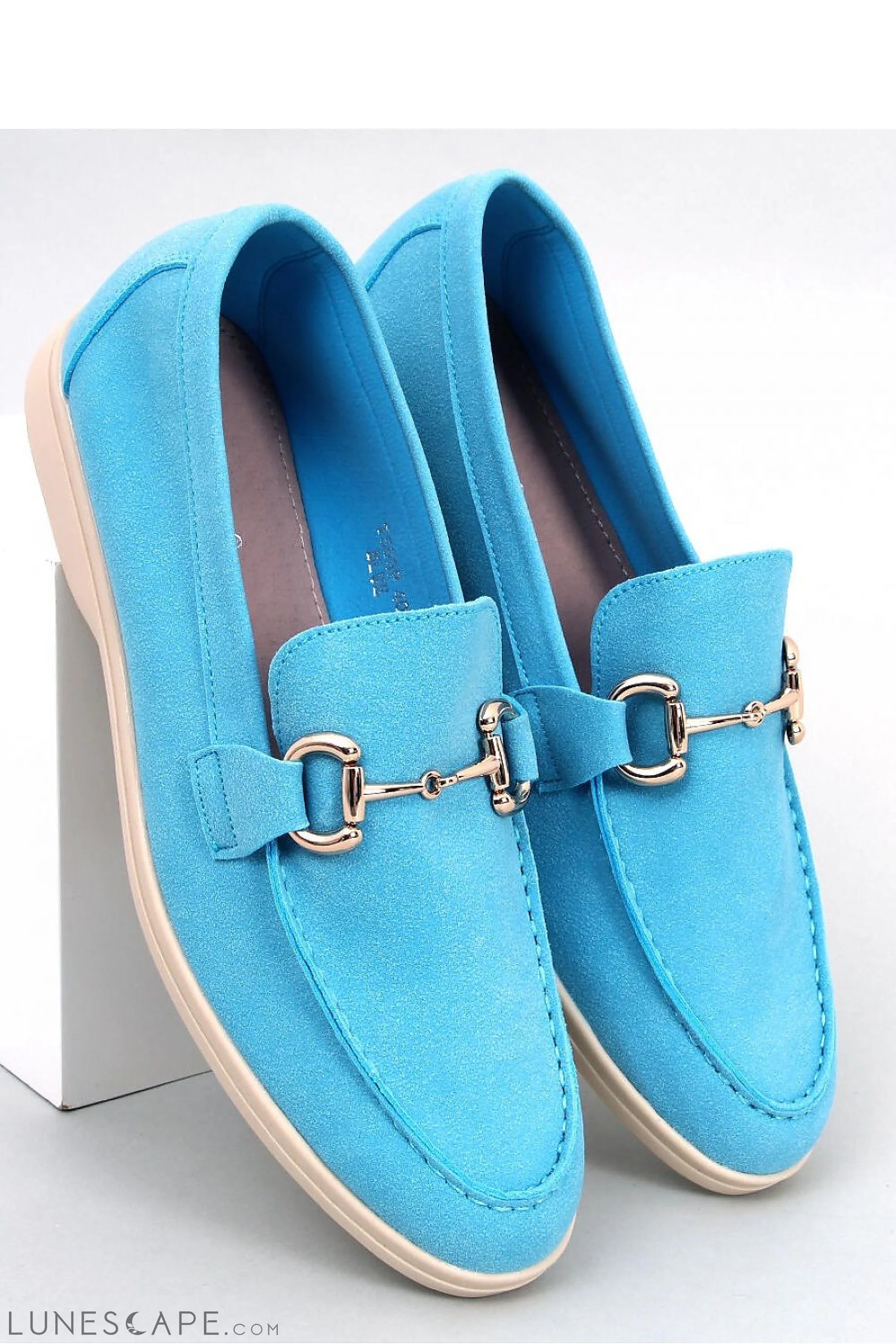 Sky Blue Vegan Nubuck Loafers – Women’s Almond Toe with Horsebit Hardware LUNESCAPE