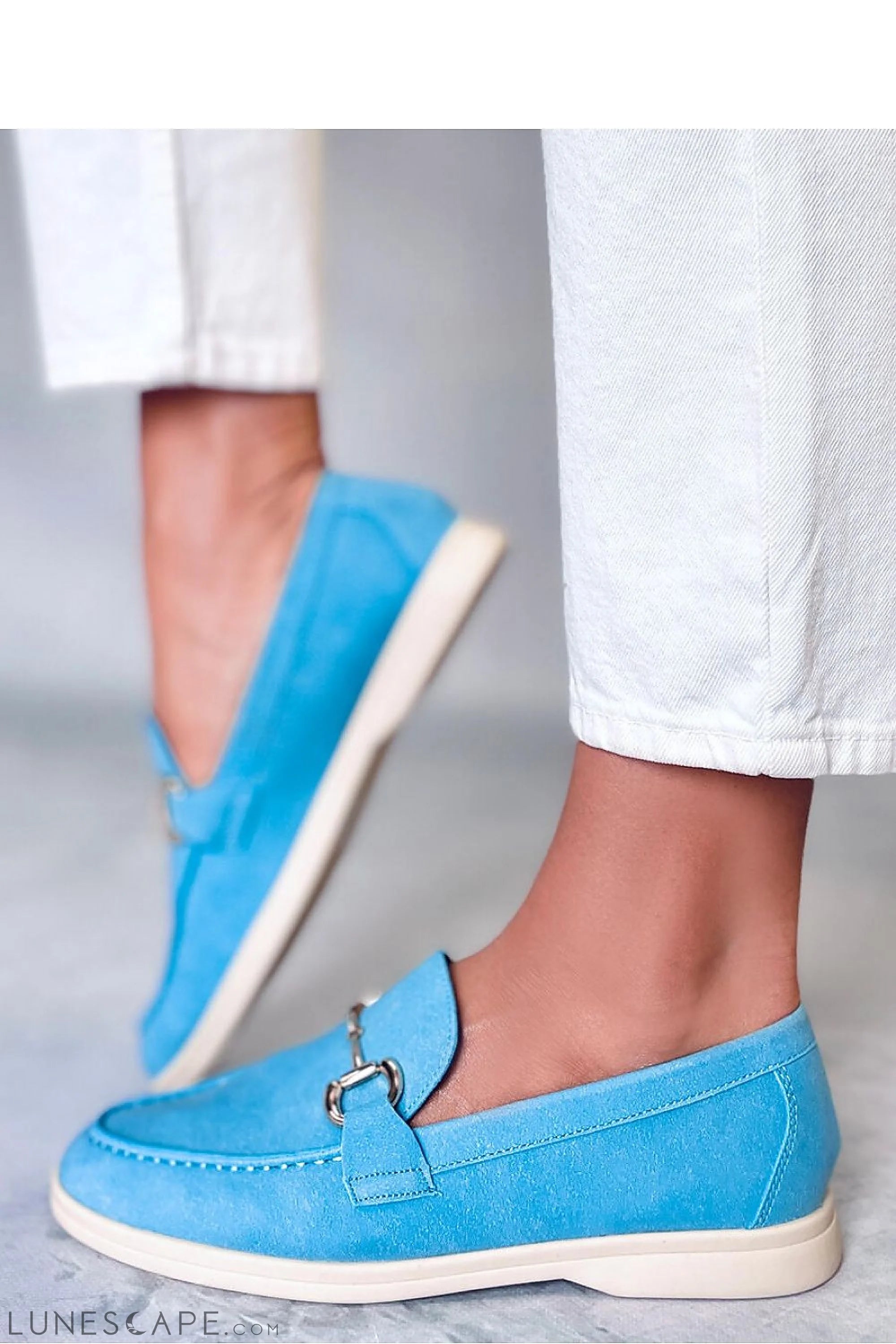 Sky Blue Vegan Nubuck Loafers – Women’s Almond Toe with Horsebit Hardware LUNESCAPE