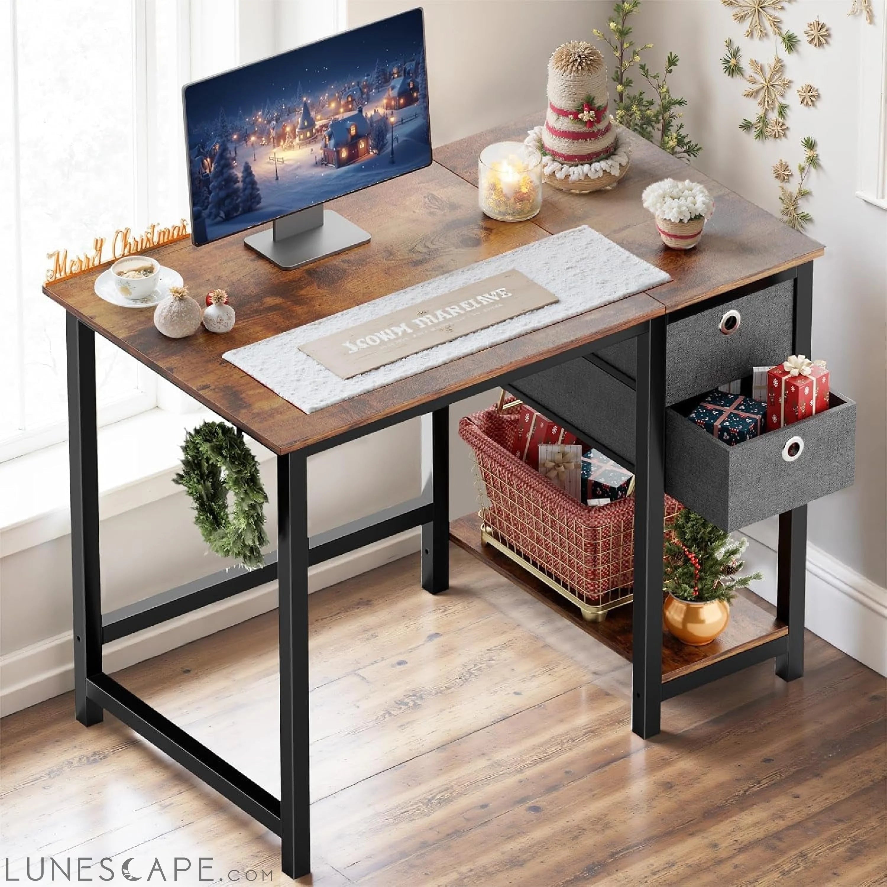 Small Computer Desk with Drawers 40 Inch Office Writing Work Kids LUNESCAPE