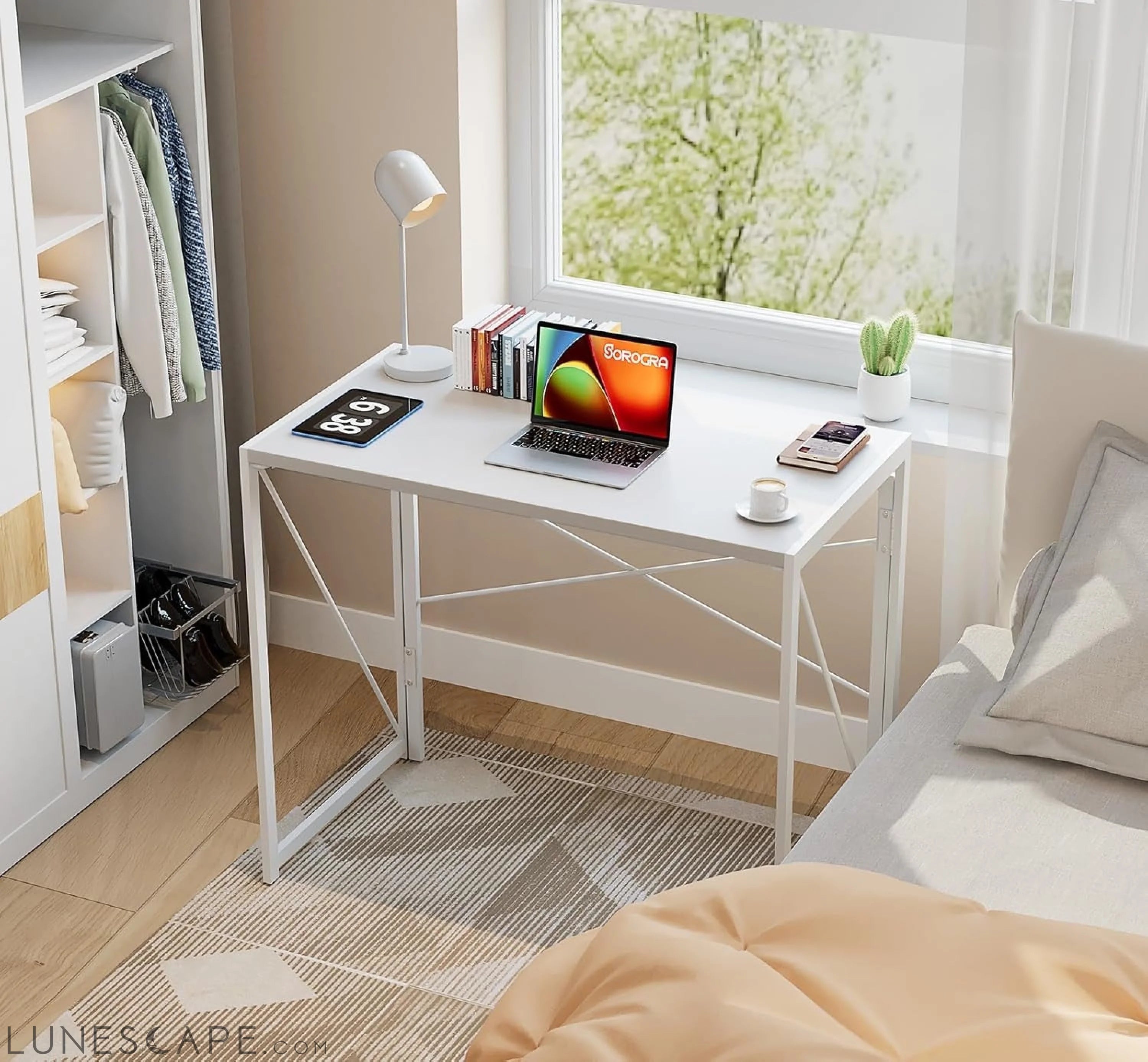 Small Folding Desk 31.5 Inch White Desks, No Assembly Required LUNESCAPE