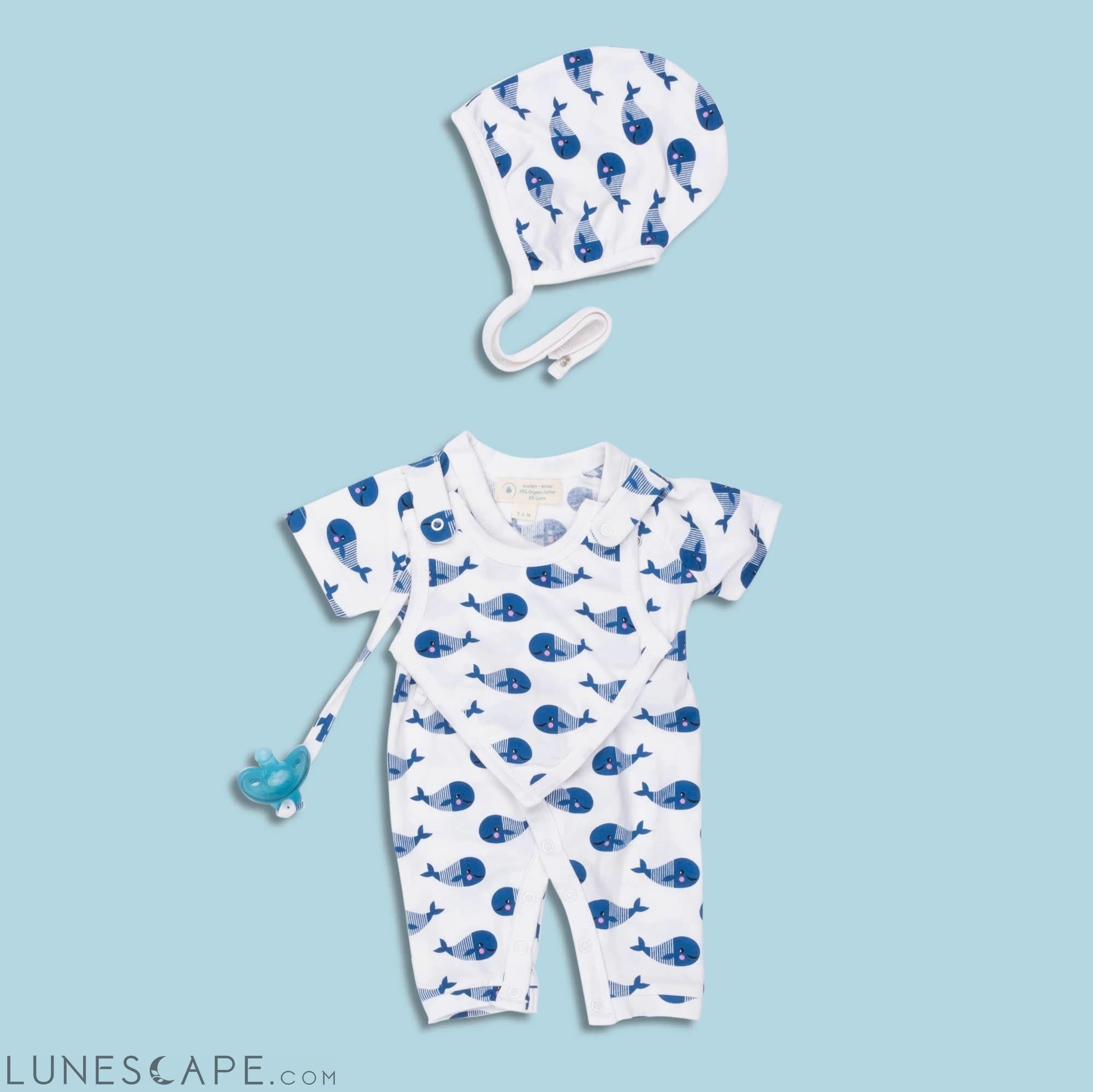 Smart Short Sleeve Kimono Romper + Bib - Blue Whale LUNESCAPE