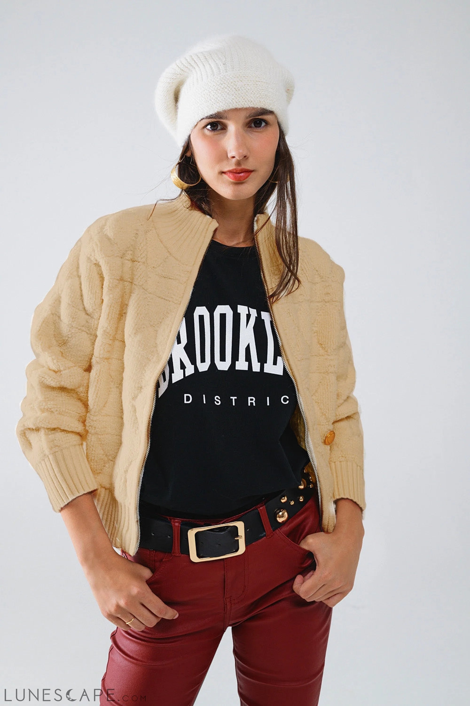 Soft Chunky Knit Bomber Jacket in Camel Color LUNESCAPE