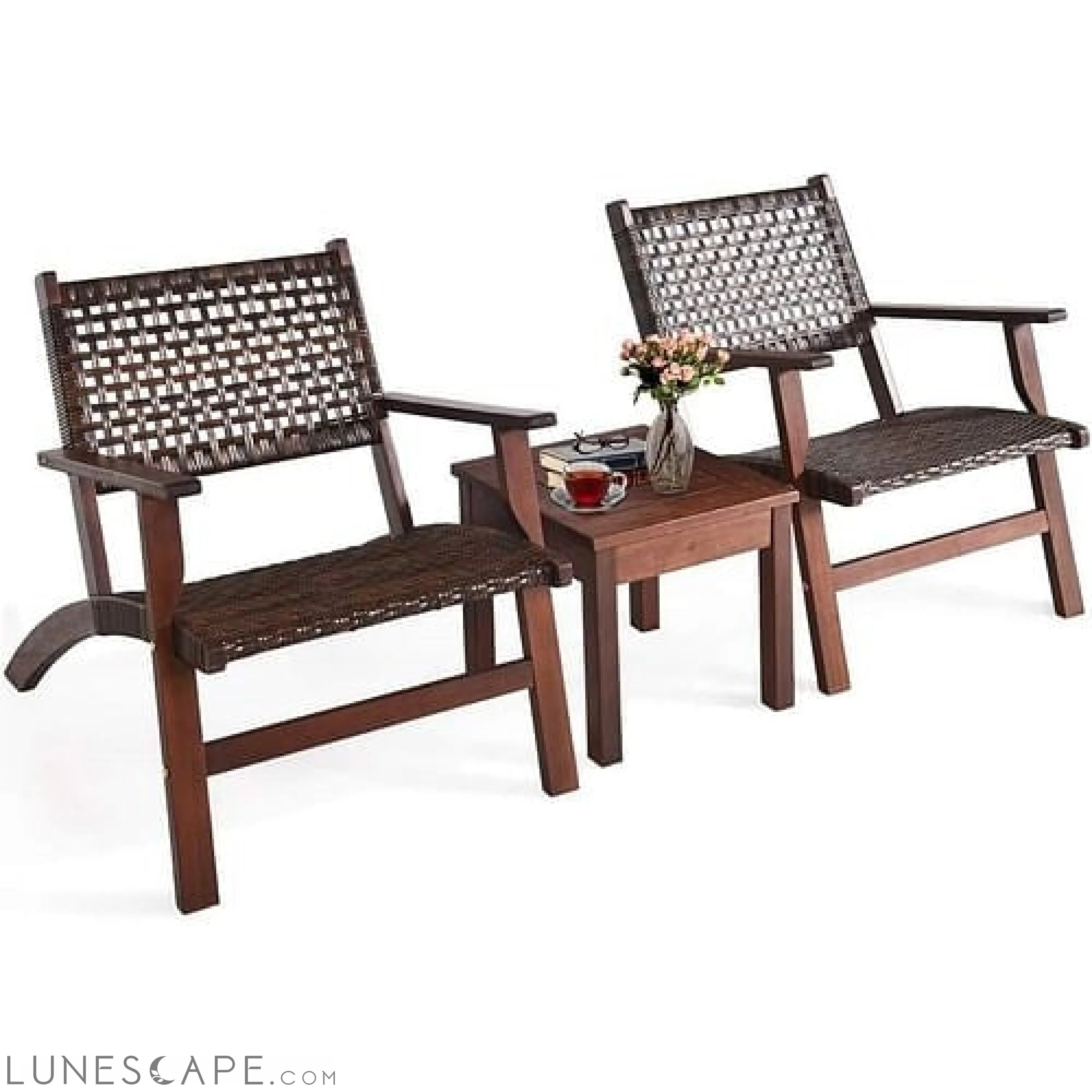 Solid Wood and Rattan 3-Piece Outdoor Patio Furniture Table Chairs Set LUNESCAPE