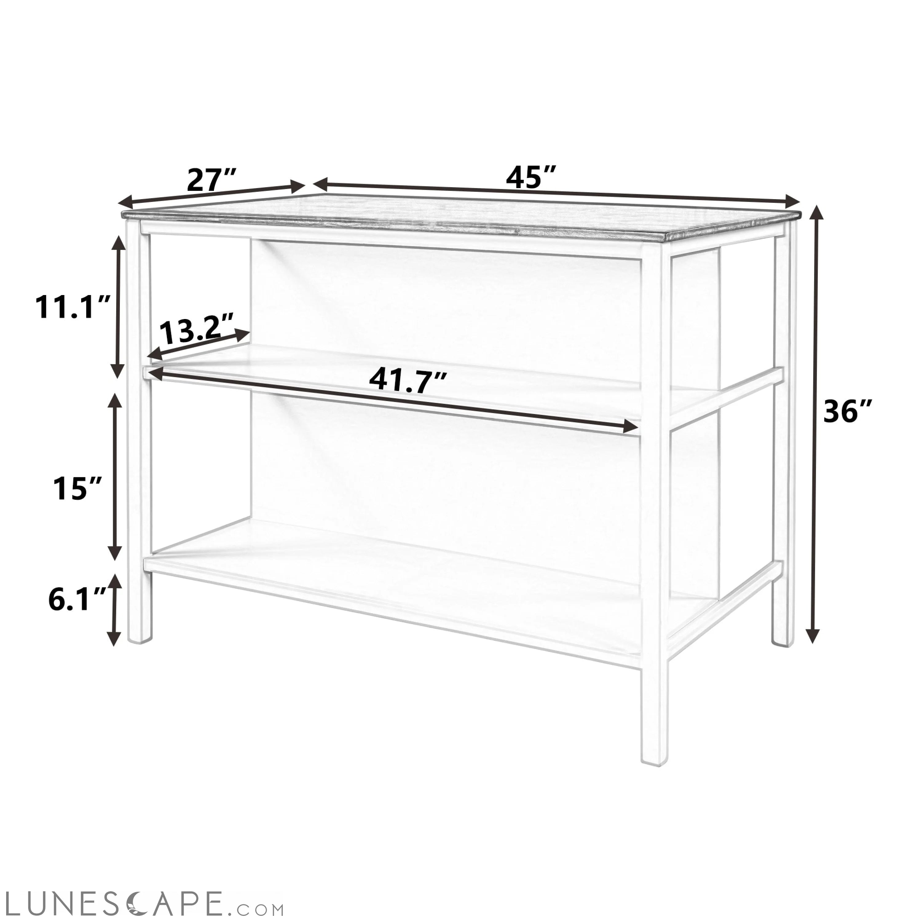 Solid Wood Rustic 45" Stationary Kitchen Island, Rubber Wood Butcher Block Dining Table Prep Table With 2 Open Shelves F LUNESCAPE