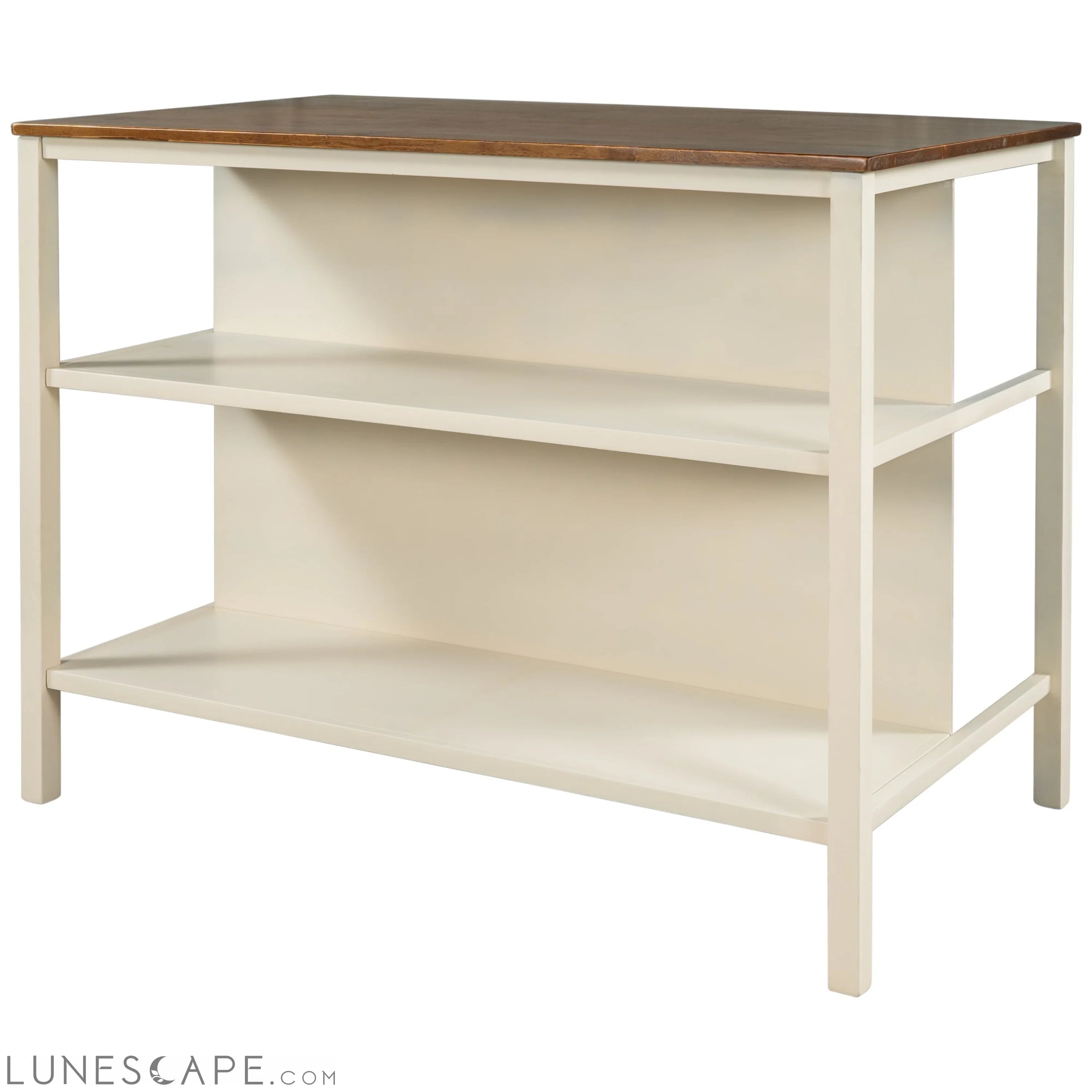 Solid Wood Rustic 45" Stationary Kitchen Island, Rubber Wood Butcher Block Dining Table Prep Table With 2 Open Shelves F LUNESCAPE