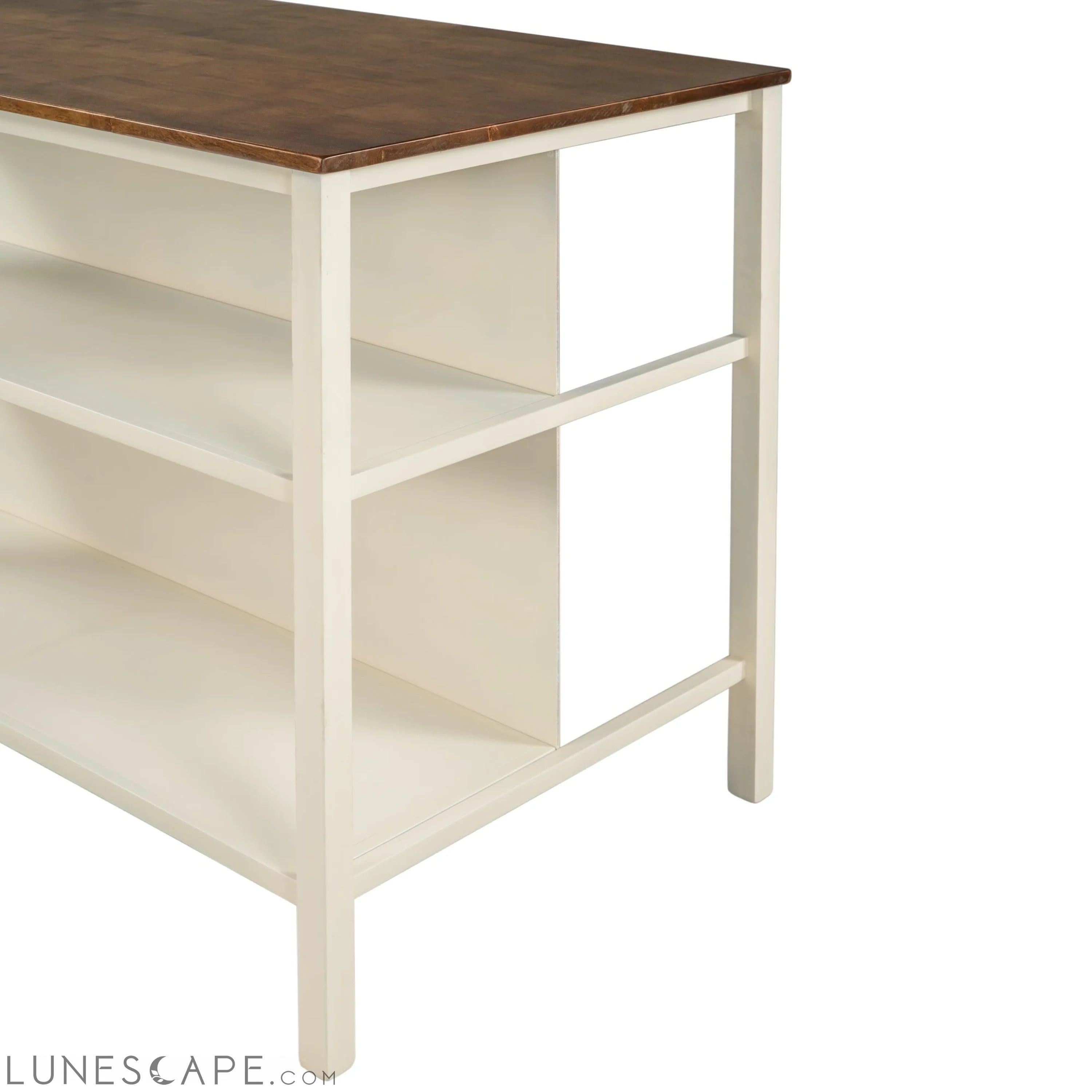 Solid Wood Rustic 45" Stationary Kitchen Island, Rubber Wood Butcher Block Dining Table Prep Table With 2 Open Shelves F LUNESCAPE